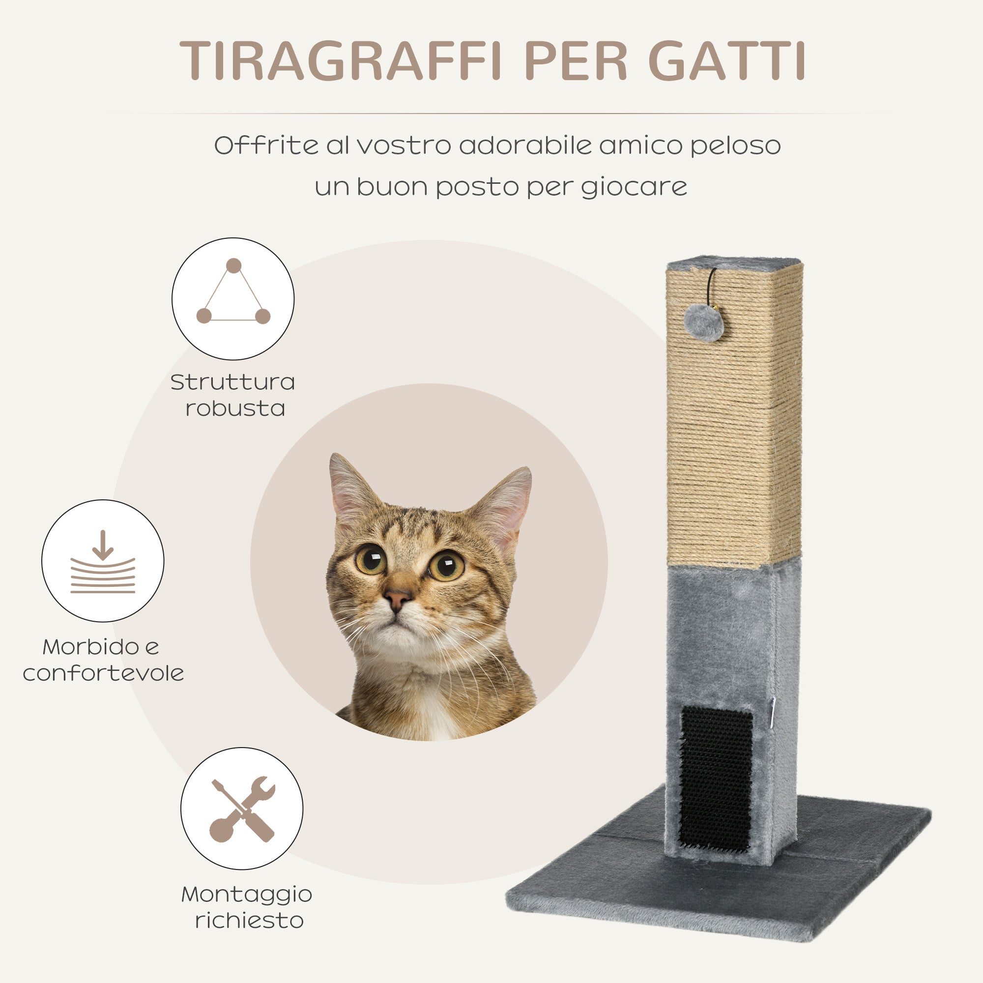 Scratching Post Tree for Cats with 2 Toy Balls and Brush, in Wood, Jute and Plush, 59.5x39x79 cm, Gray