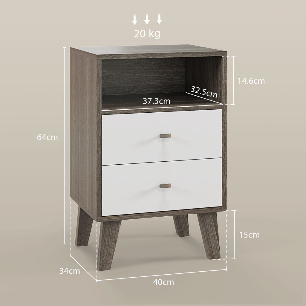 Set of 2 Modern Bedroom Nightstands with 2 Drawers and Open Compartment, 40x34x64cm, Grey