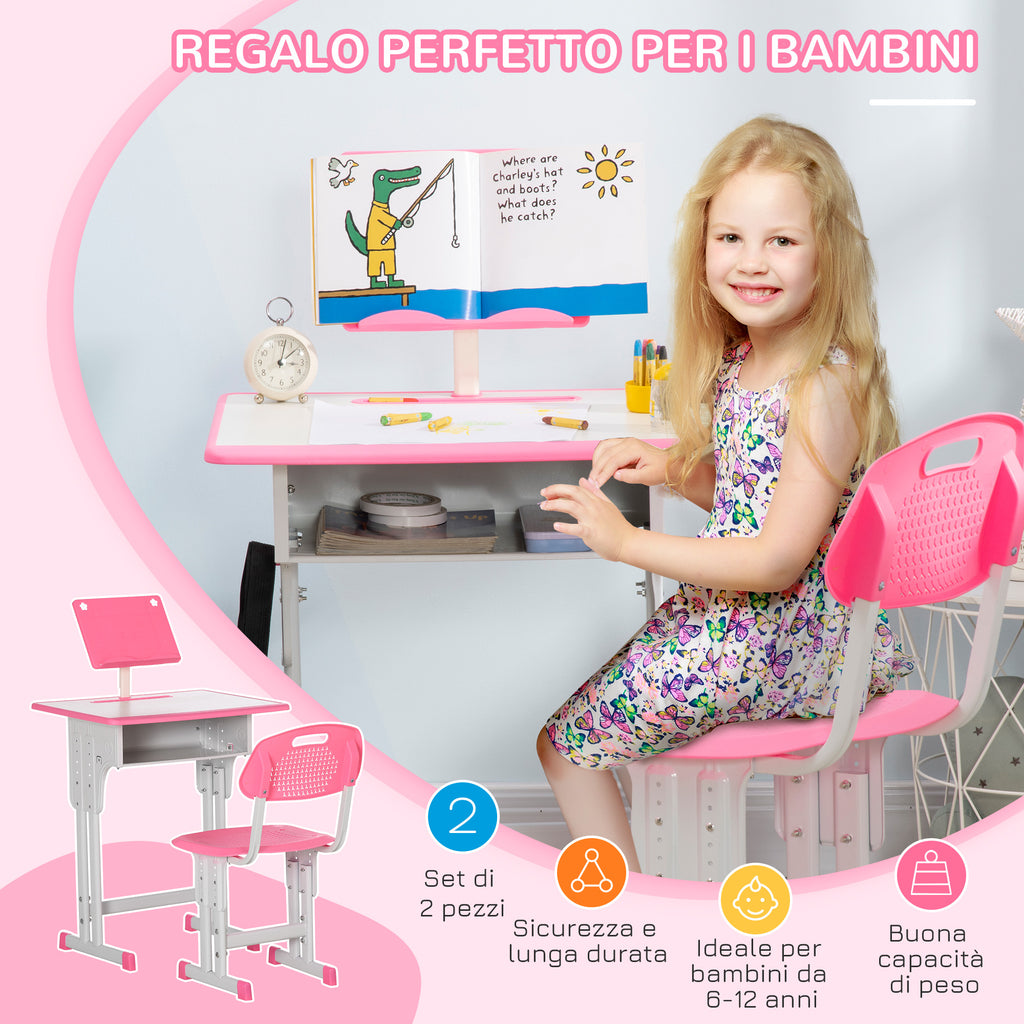 Children's Desk with Height-Adjustable Chair for 6-12 Years Old, Steel and MDF, Pink