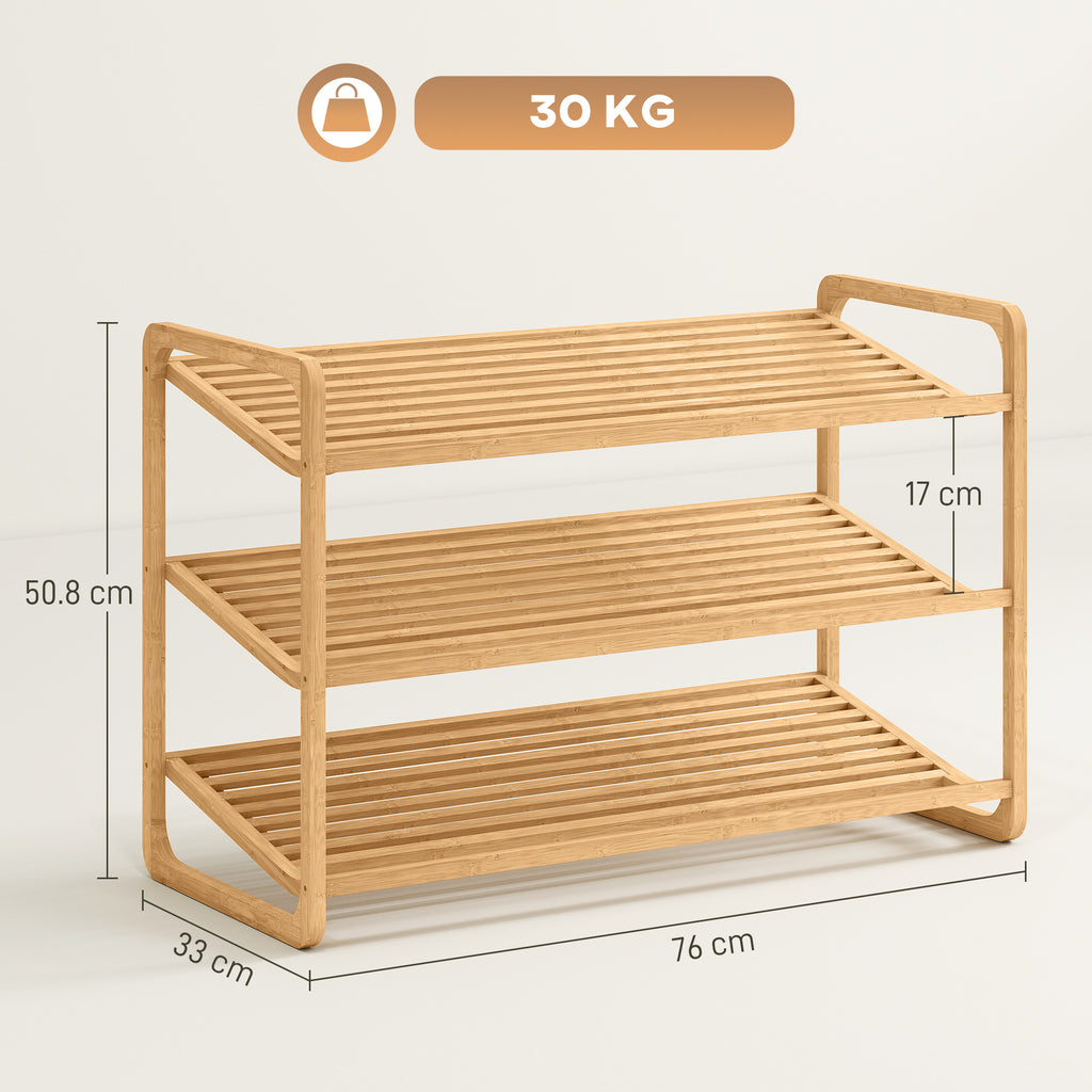 3-Tier Shoe Rack with Bamboo Slatted Shelves for 12 Shoes, 76 x 33 x 50.8 cm, Wood Color