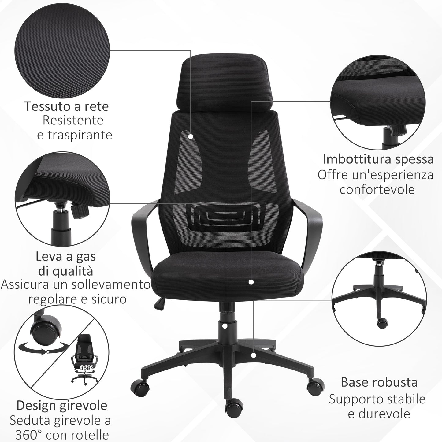 Reclining Office Chair with Headrest and Lumbar Support, Polyester, 64x55x116-126 cm, Black