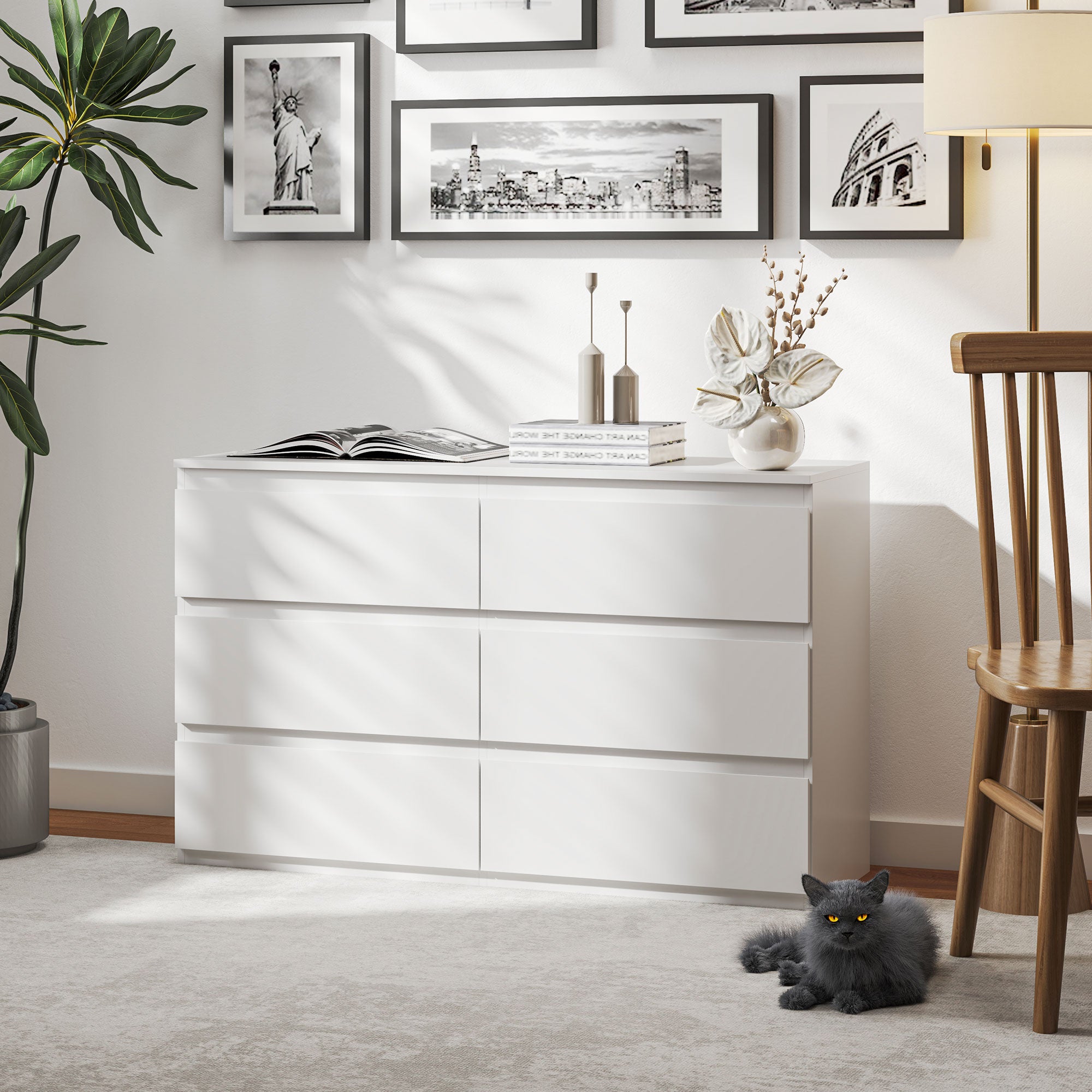 Chest of 6 Drawers for the Bedroom in Wood with Metal Guides, 120x39x75 cm, White