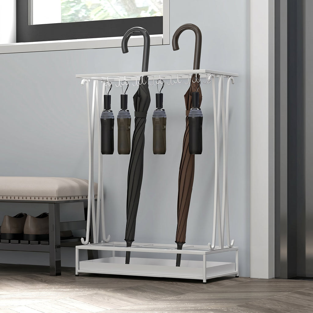 HOMCOM Umbrella Stand with Water Tray, 21 Holes and 24 Umbrella Hooks, Steel, 50x24x68 cm, White