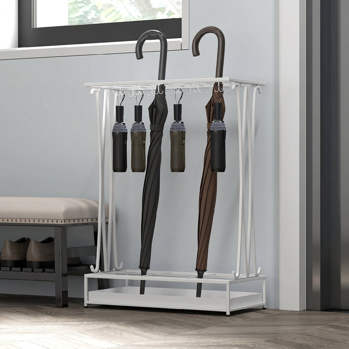 HOMCOM Umbrella Stand with Water Tray, 21 Holes and 24 Umbrella Hooks, Steel, 50x24x68 cm, White