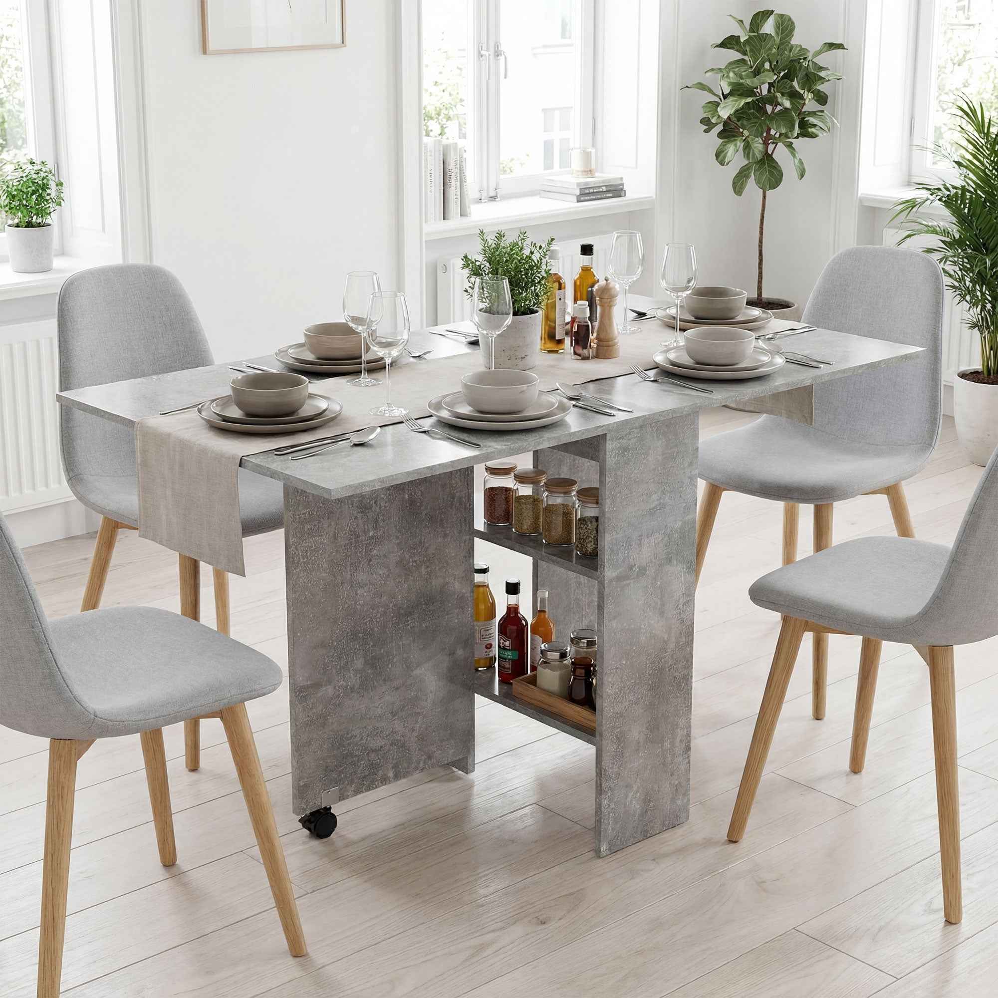 HOMCOM Folding Dining Table with Shelves, Drop-Leaf Top and Wheels, Cement Grey