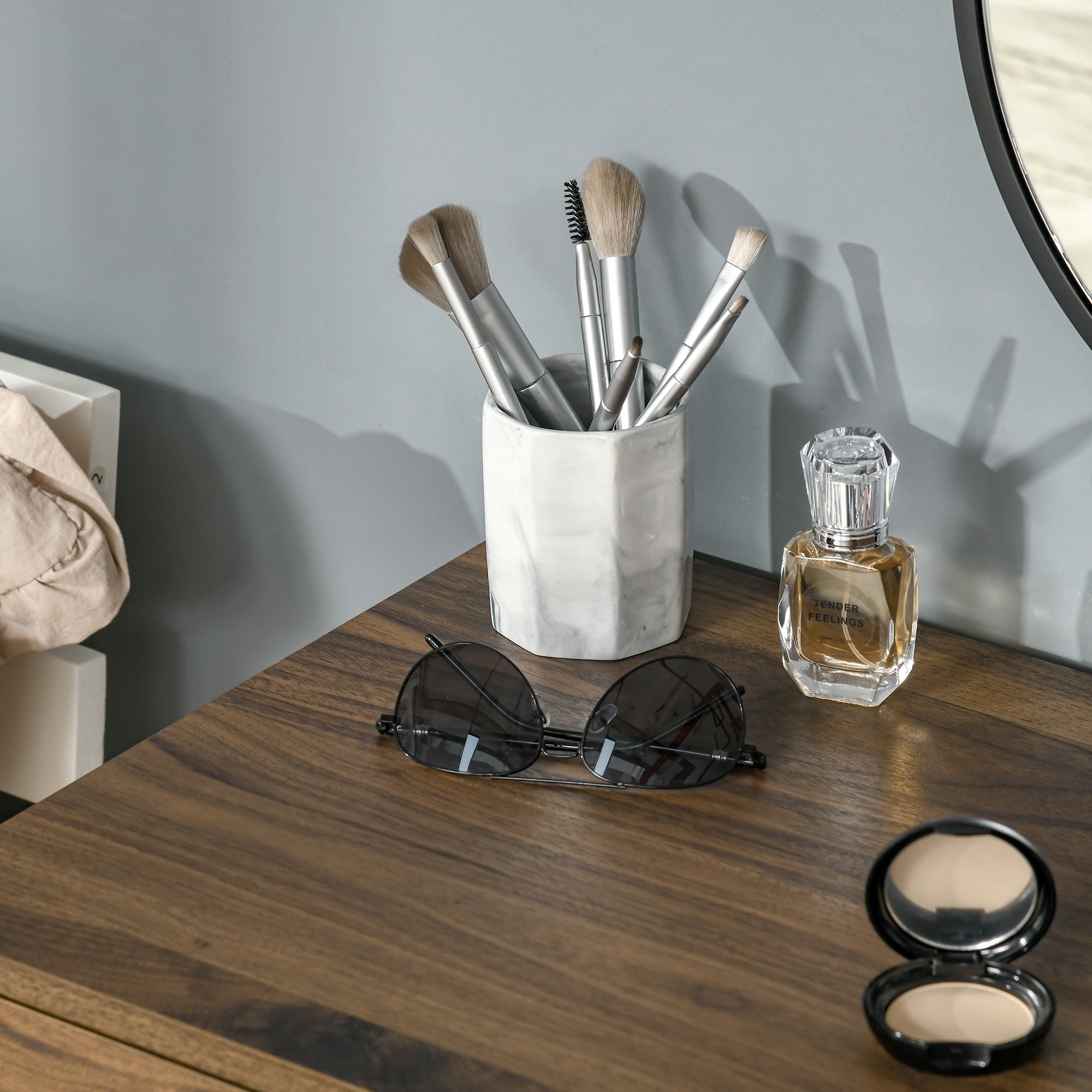 HOMCOM Wooden and Metal Makeup Table with Stool and Mirror, Walnut Color