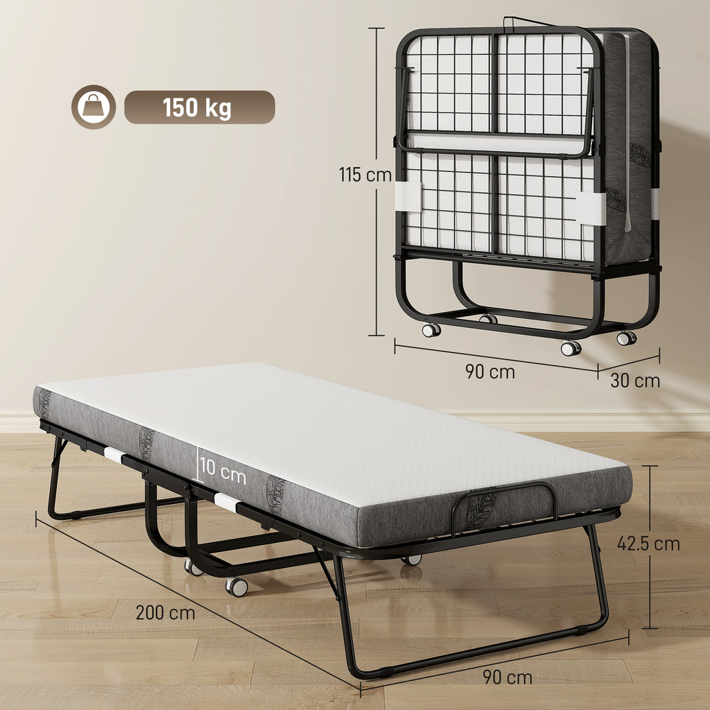 Folding Single Bed 90x200cm with 10cm Thick Mattress, Metal Base and Wheels with Brakes, Black