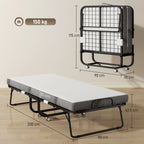 Folding Single Bed 90x200cm with 10cm Thick Mattress, Metal Base and Wheels with Brakes, Black