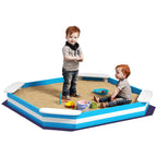Children's Sandpit with 4 Wooden Corner Seats, Ages 3-6 Years, 133x133x16 cm, Blue and White