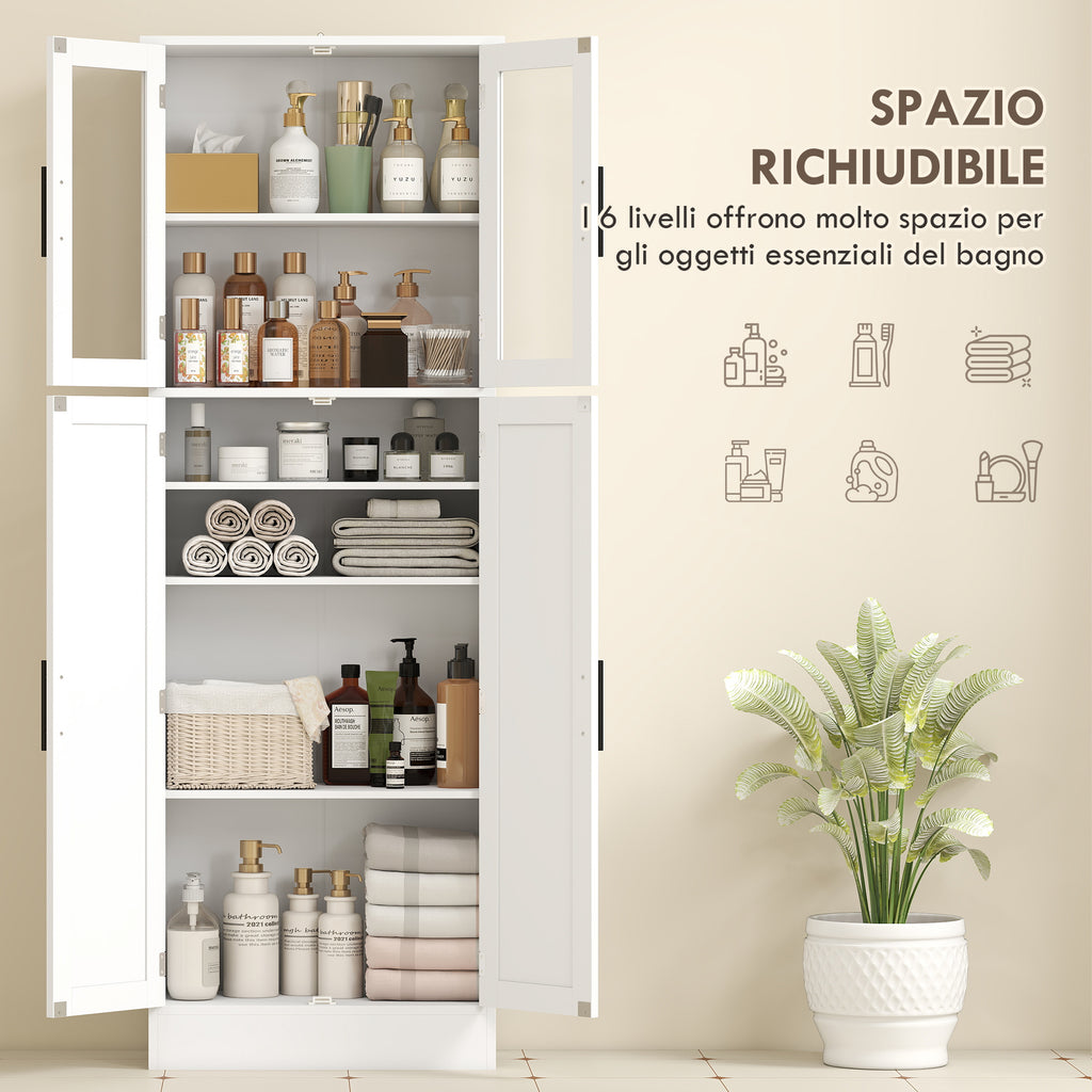 Tall Bathroom Cabinet with Adjustable Shelves, Glass and Wood Doors, 60x30x170 cm, White