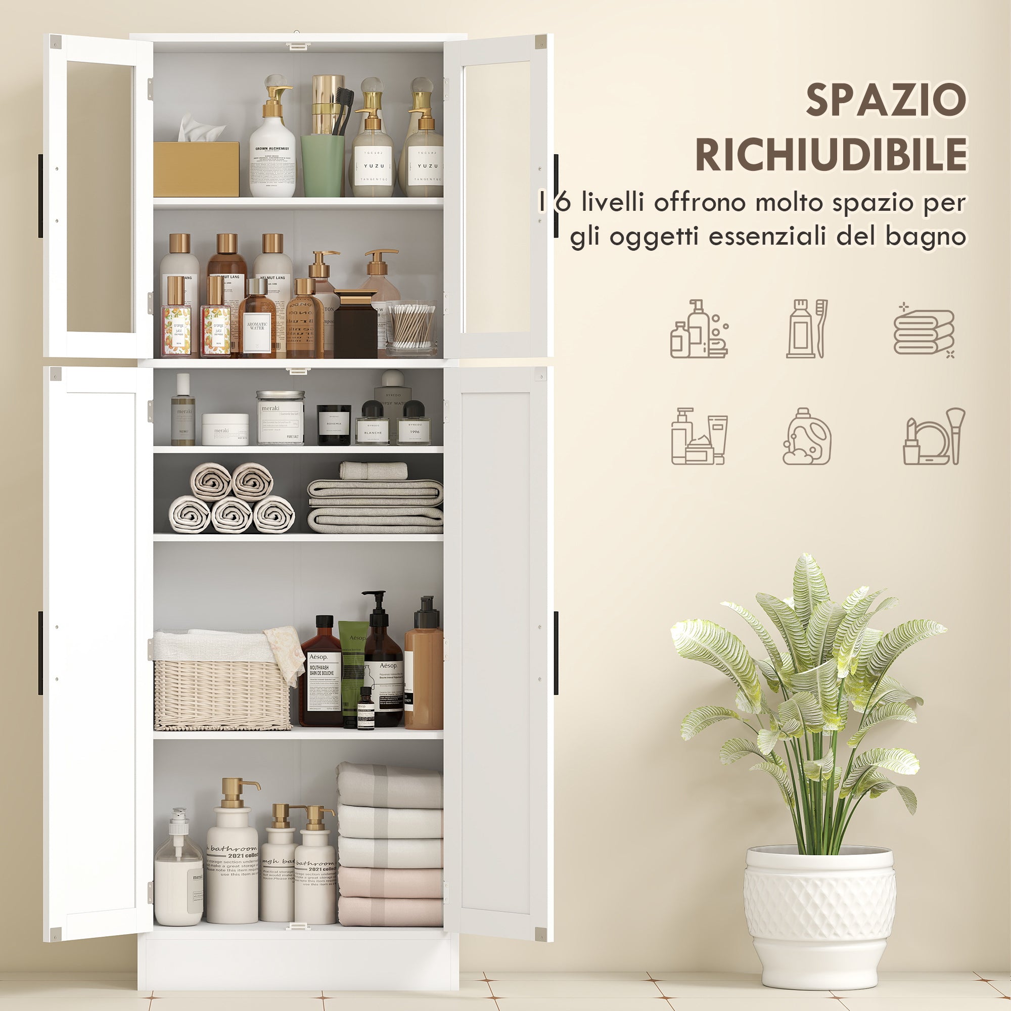 Tall Bathroom Cabinet with Adjustable Shelves, Glass and Wood Doors, 60x30x170 cm, White