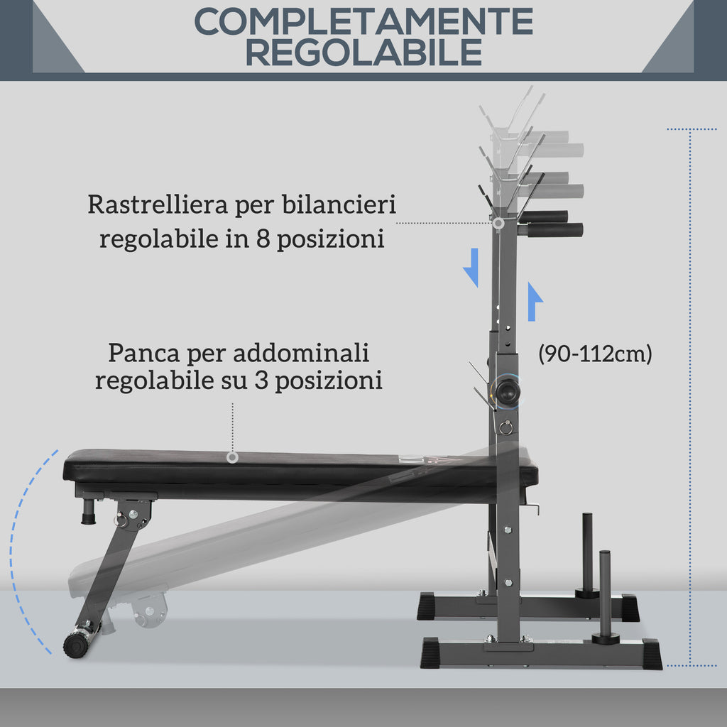 Folding Weight Bench with 8 Adjustable Heights and Steel and PU Barbell Rack, 140x73x98-122 cm, Grey