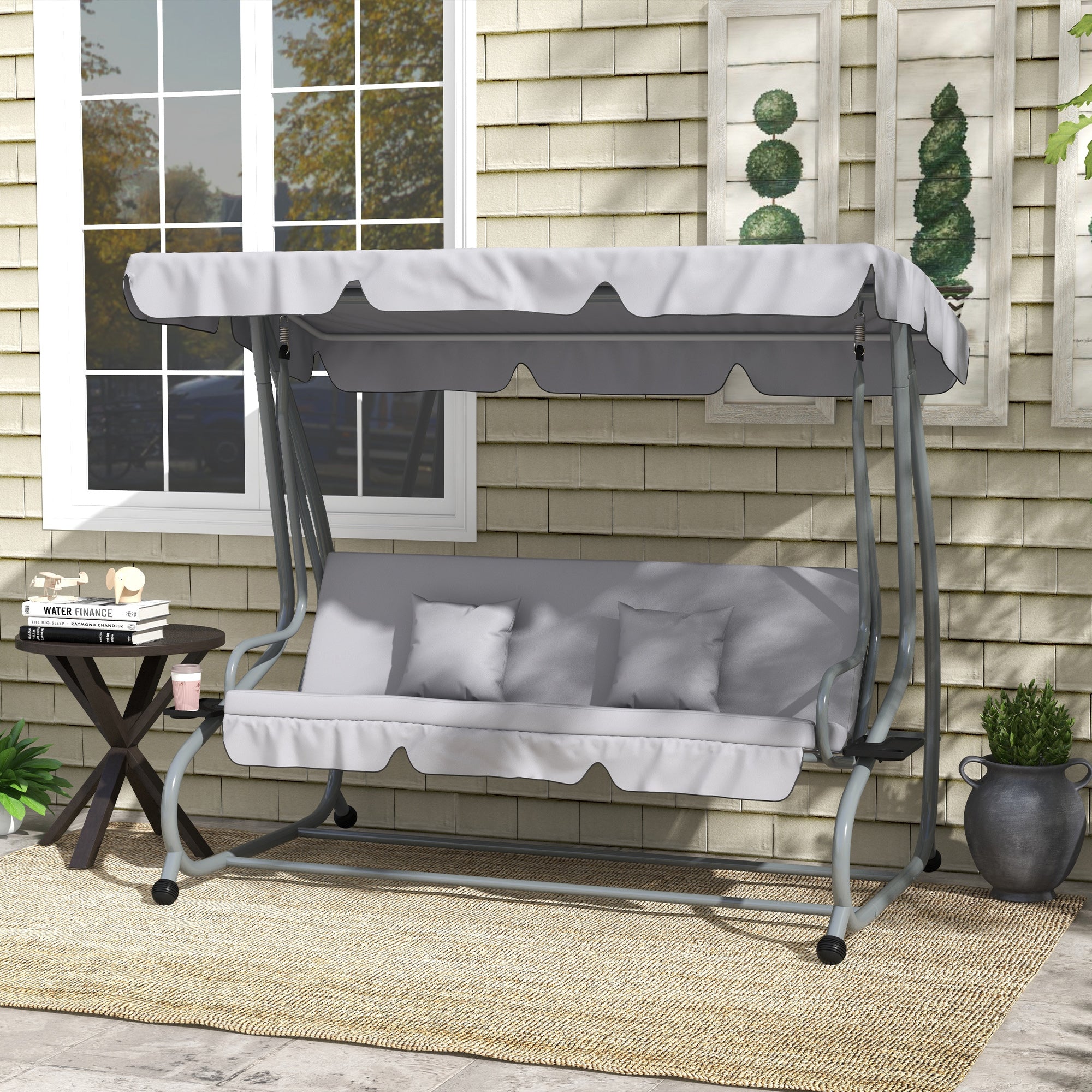 Swing Garden Bed with Adjustable Canopy and Trays, in Steel and Polyester, 200x120x164 cm, Gray - Borgè