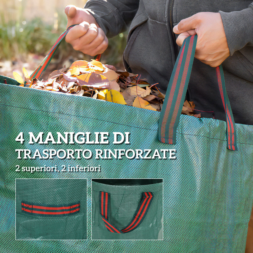 Set of 3 300 L Garden Waste Bags with Handles, Resealable and Reusable, Ø67x84 cm, Green