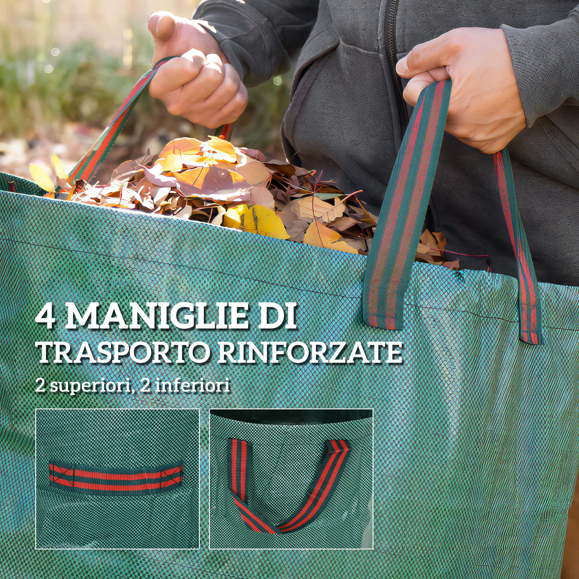 Set of 3 300 L Garden Waste Bags with Handles, Resealable and Reusable, Ø67x84 cm, Green