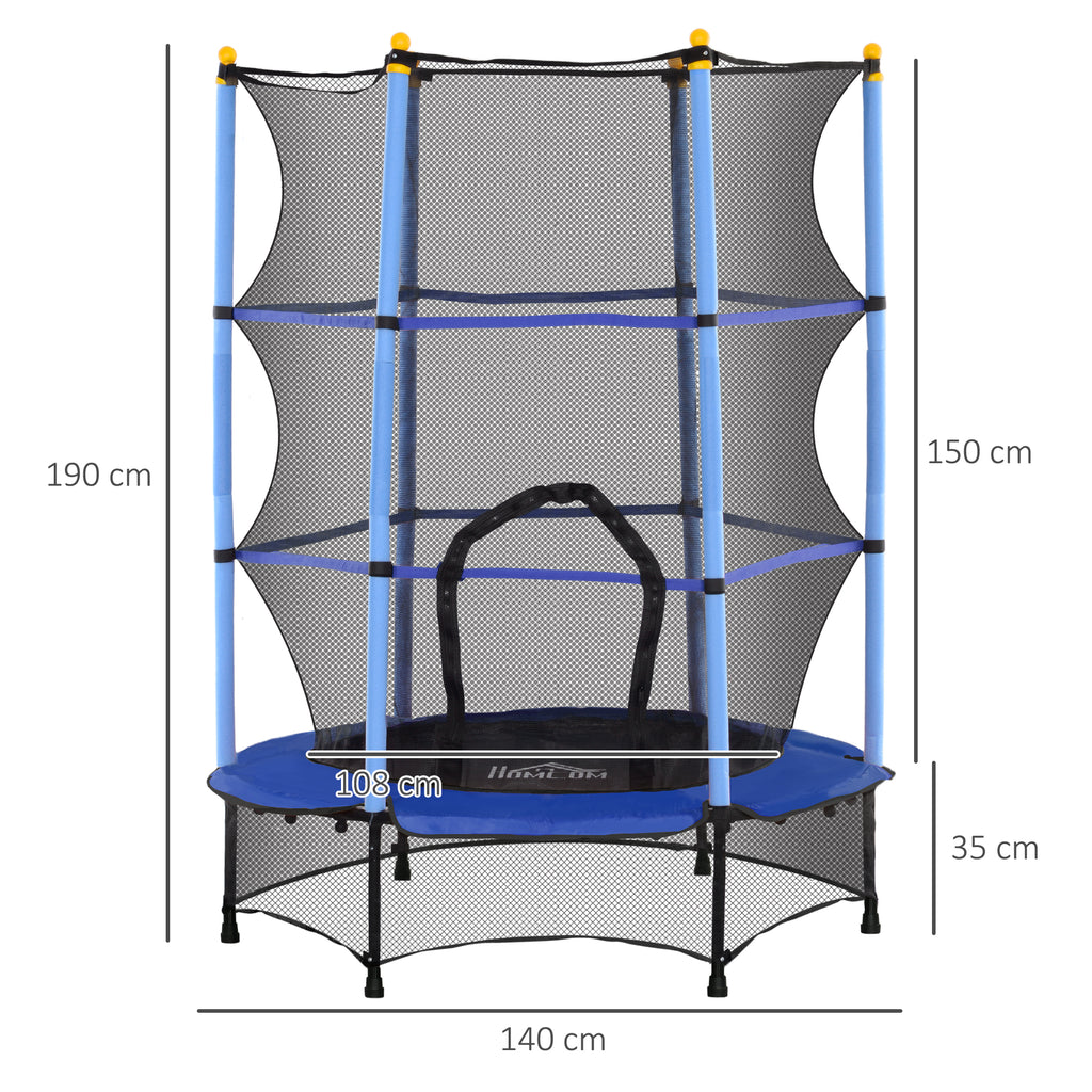 Children's Trampoline with Safety Net and Padded Poles Ages 3-10 Years, Ø140 x 190 cm, Blue