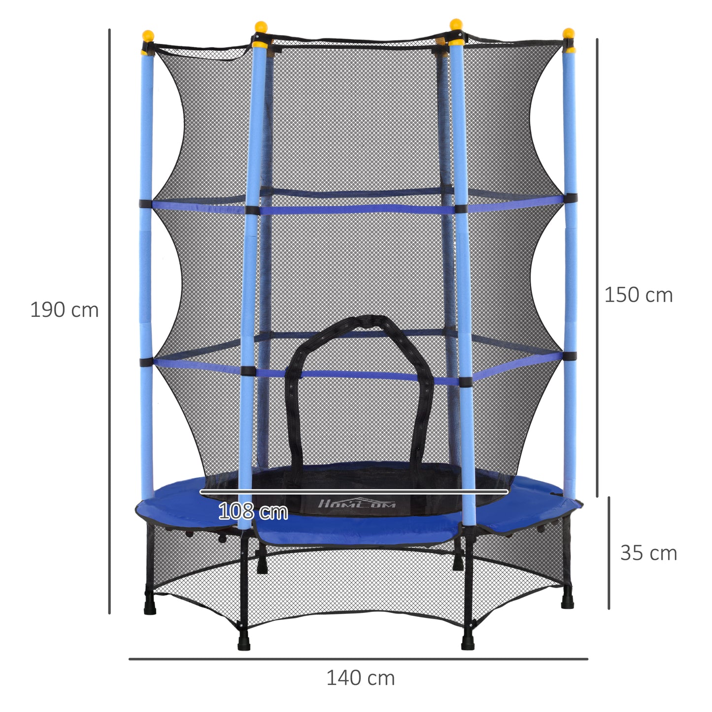 HOMCOM Children's Trampoline with Safety Net and Padded Poles Ages 3-10 Years, Ø140 x 190 cm, Blue