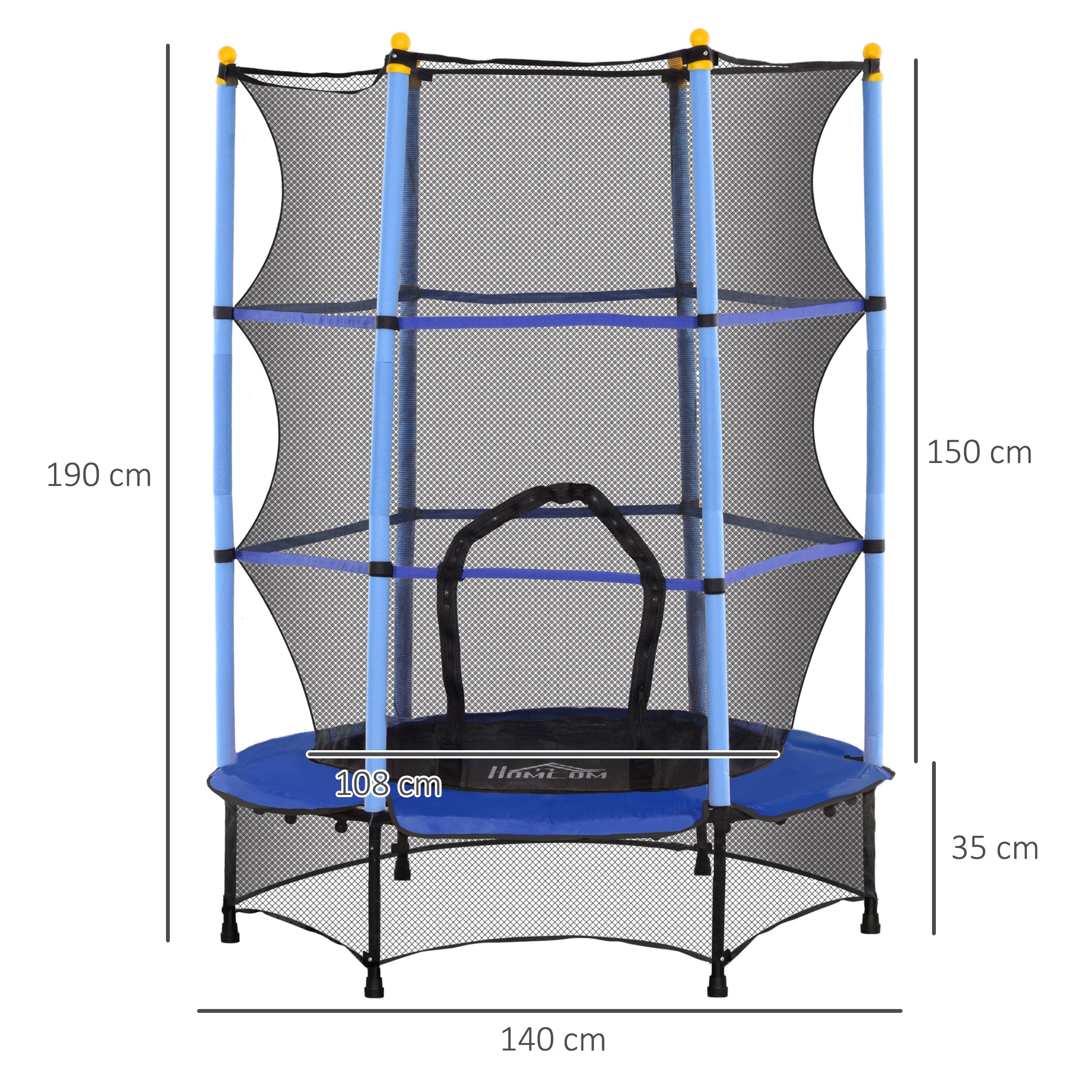 Children's Trampoline with Safety Net and Padded Poles Ages 3-10 Years, Ø140 x 190 cm, Blue