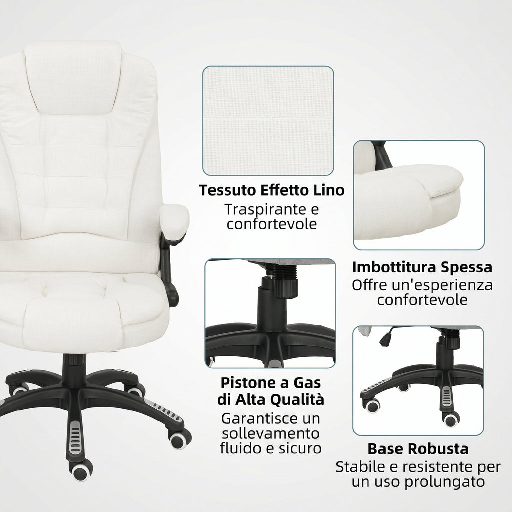 Vinsetto Reclining Massage Office Chair with Adjustable Height, Remote Control, Linen-Effect Fabric, Cream