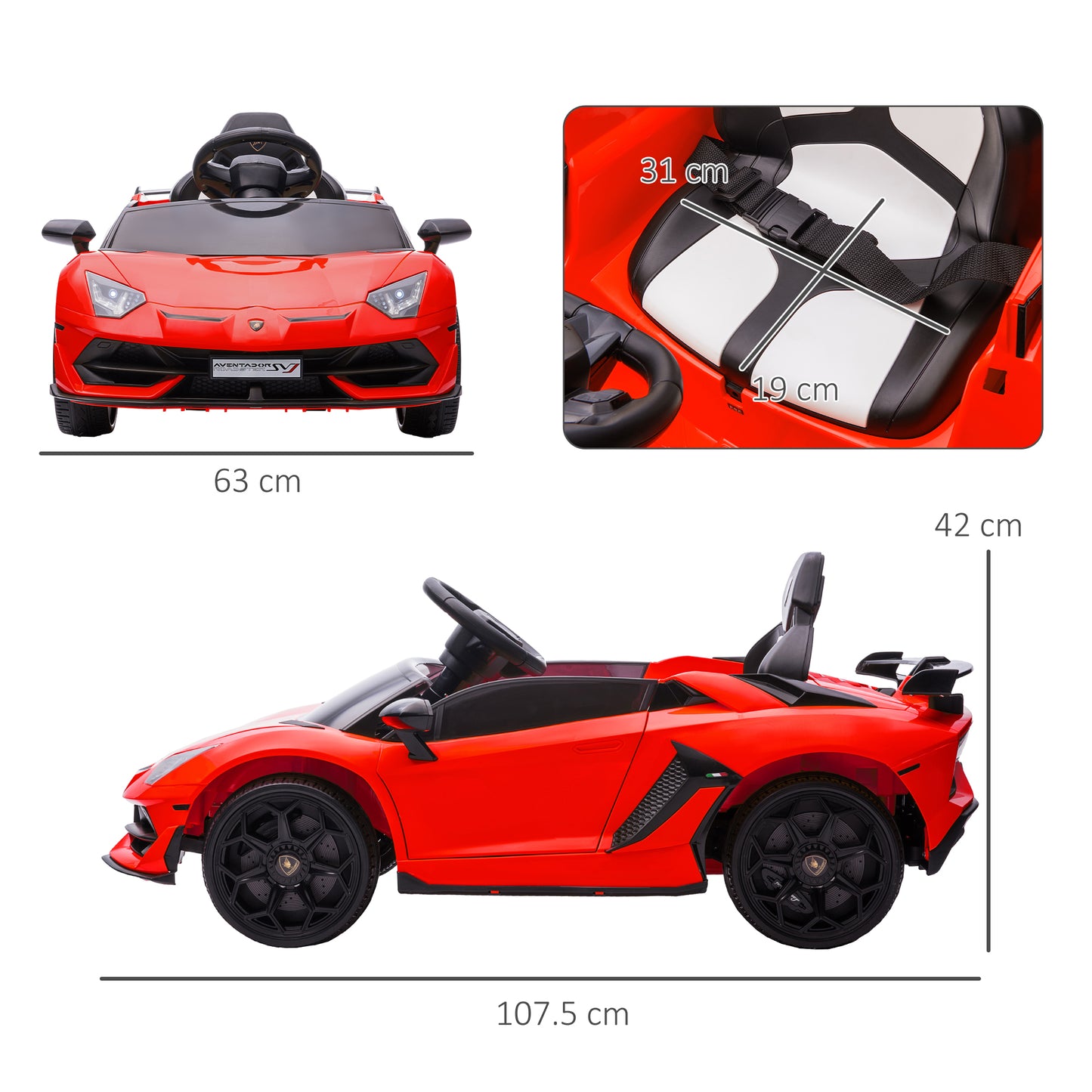 HOMCOM 12V Lamborghini Licensed Electric Ride-On Toy Car for Children with Horn and Remote Control, 107.5x63x42 cm, Red