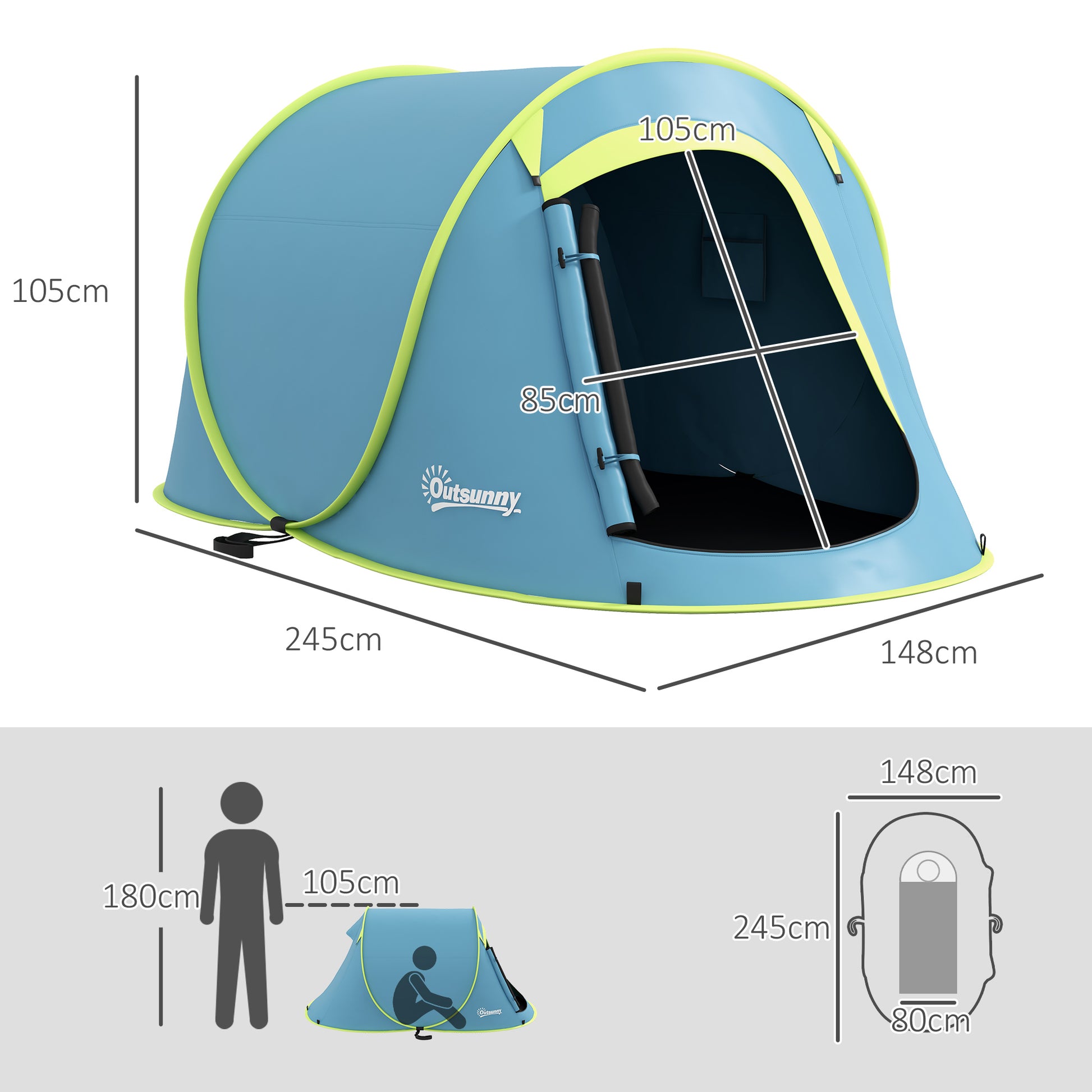 Outsunny Waterproof Pop Up Camping Tent with Accessories and Transport Bag, 245x148x105 cm, Blue - Borgè