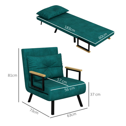 Velvet Green, 3 in 1 Sofa Bed with 5-Position Reclining Backrest and Cushion, 63x73x81 cm, Green