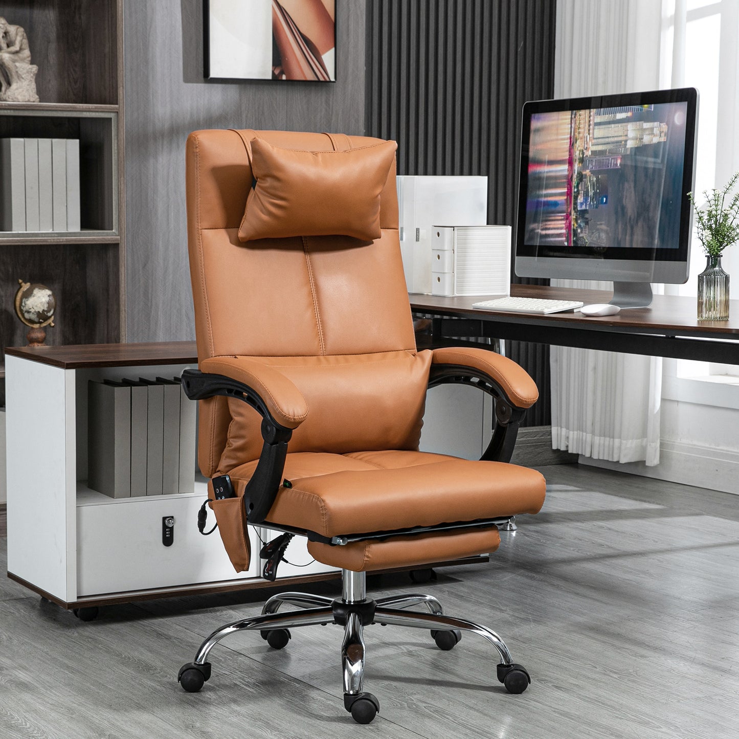 Height Adjustable Massage Chair with Footrest, Faux Leather, 66x67x115-123 cm, Light Brown