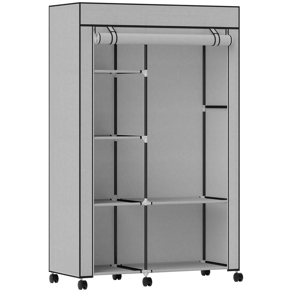 HOMCOM Portable Non-Woven Fabric and Steel Wardrobe with Wheels, 6 Open Shelves, Clothes Hanger, Light Grey