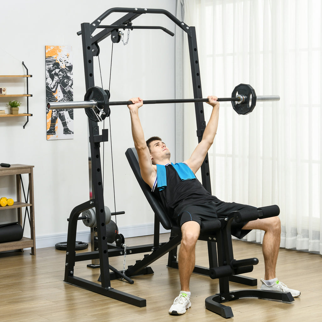 Multifunctional Power Tower with Abdominal Bench and Adjustable Barbell Rack, Black
