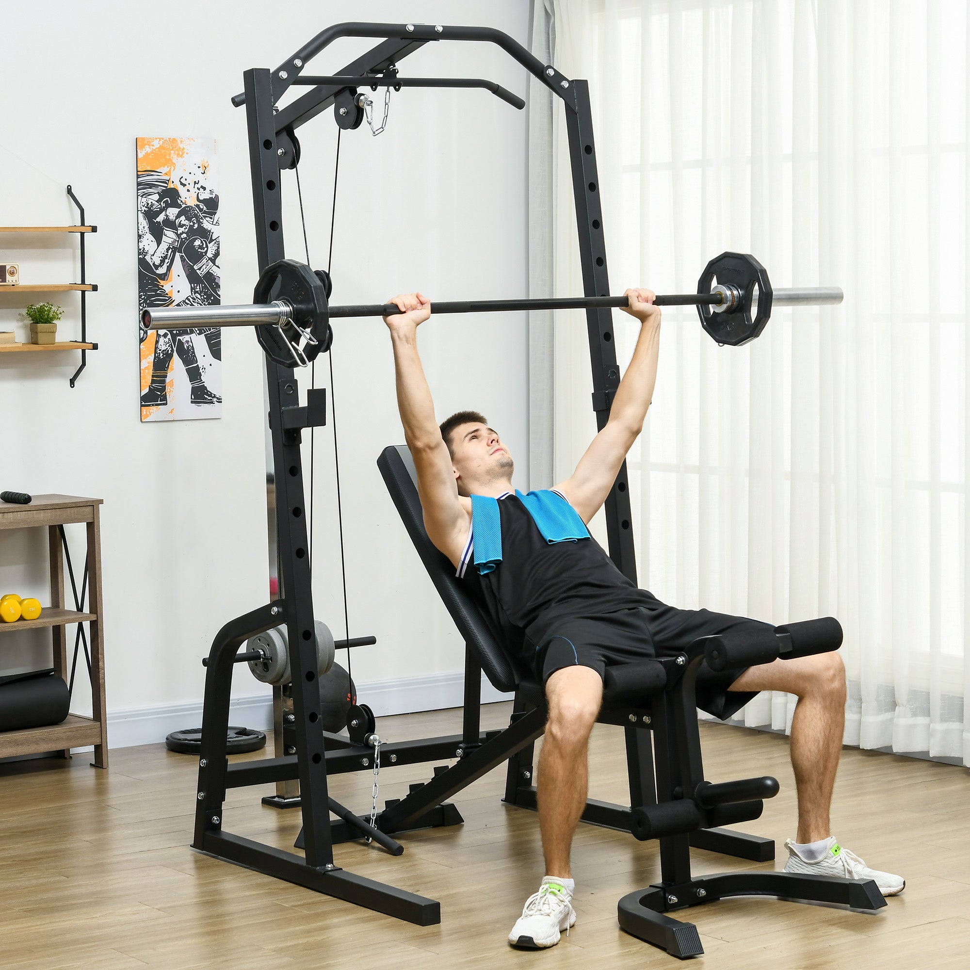 Multifunctional Power Tower with Abdominal Bench and Adjustable Barbell Rack, Black
