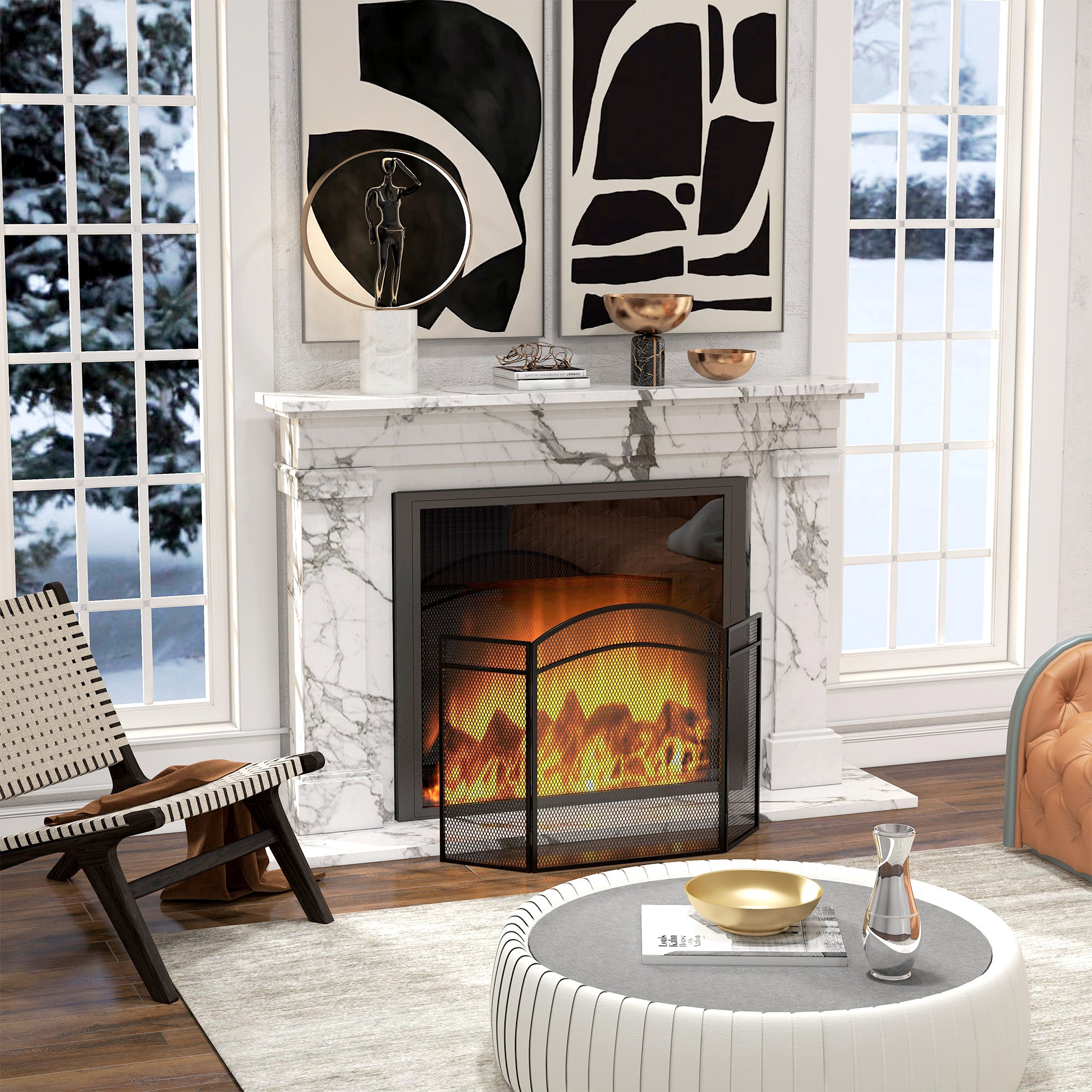 3-Panel Folding Fireplace Screen with Classic Design, 96x60cm, Black