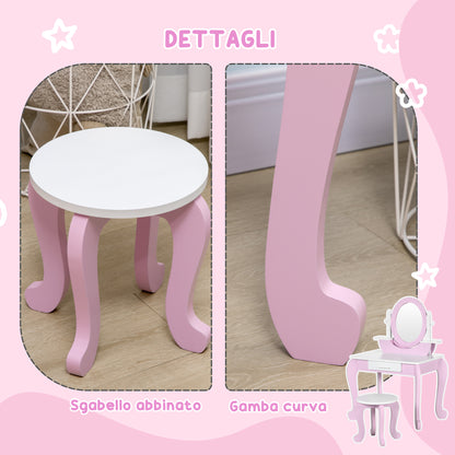 Kids Makeup Dressing Table Set with Mirror Table and Stool, Ages 3-6 Years, Pink