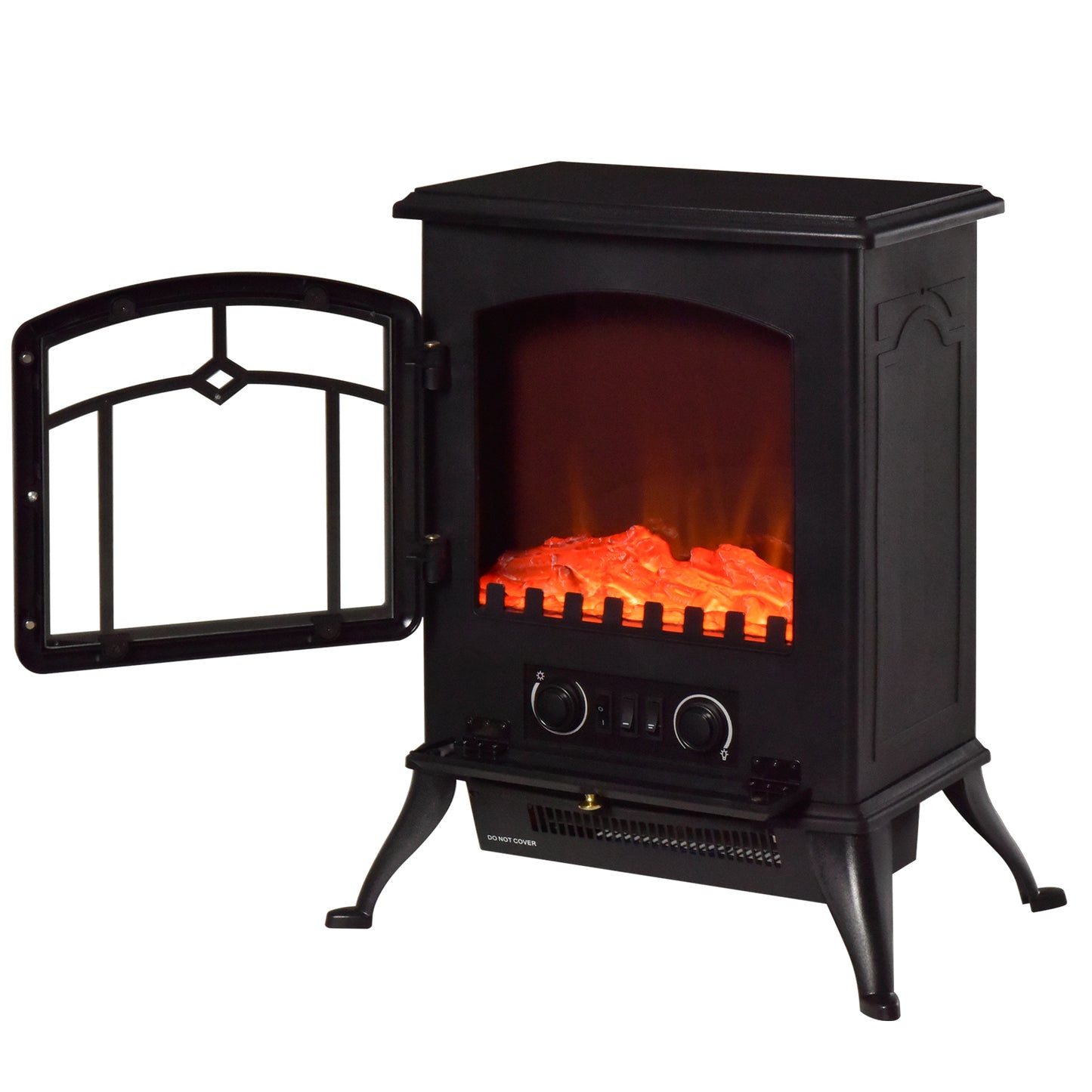 Electric Fireplace Floor Standing with Flame Effect Power 1000W /2000W in ABS and Glass 45×28×54cm Black