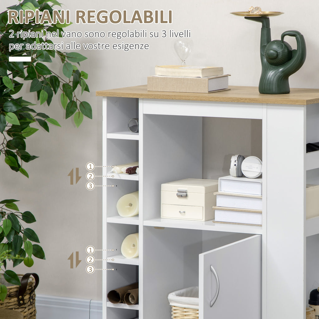 Kitchen Trolley with Cabinet and Adjustable Shelves, Swivel Wheels and Brake, 75x39.5x88 cm, White