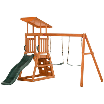 Playground set with slide, 2 garden swings and wall climbing wall for children age 3-8 years - Borgè