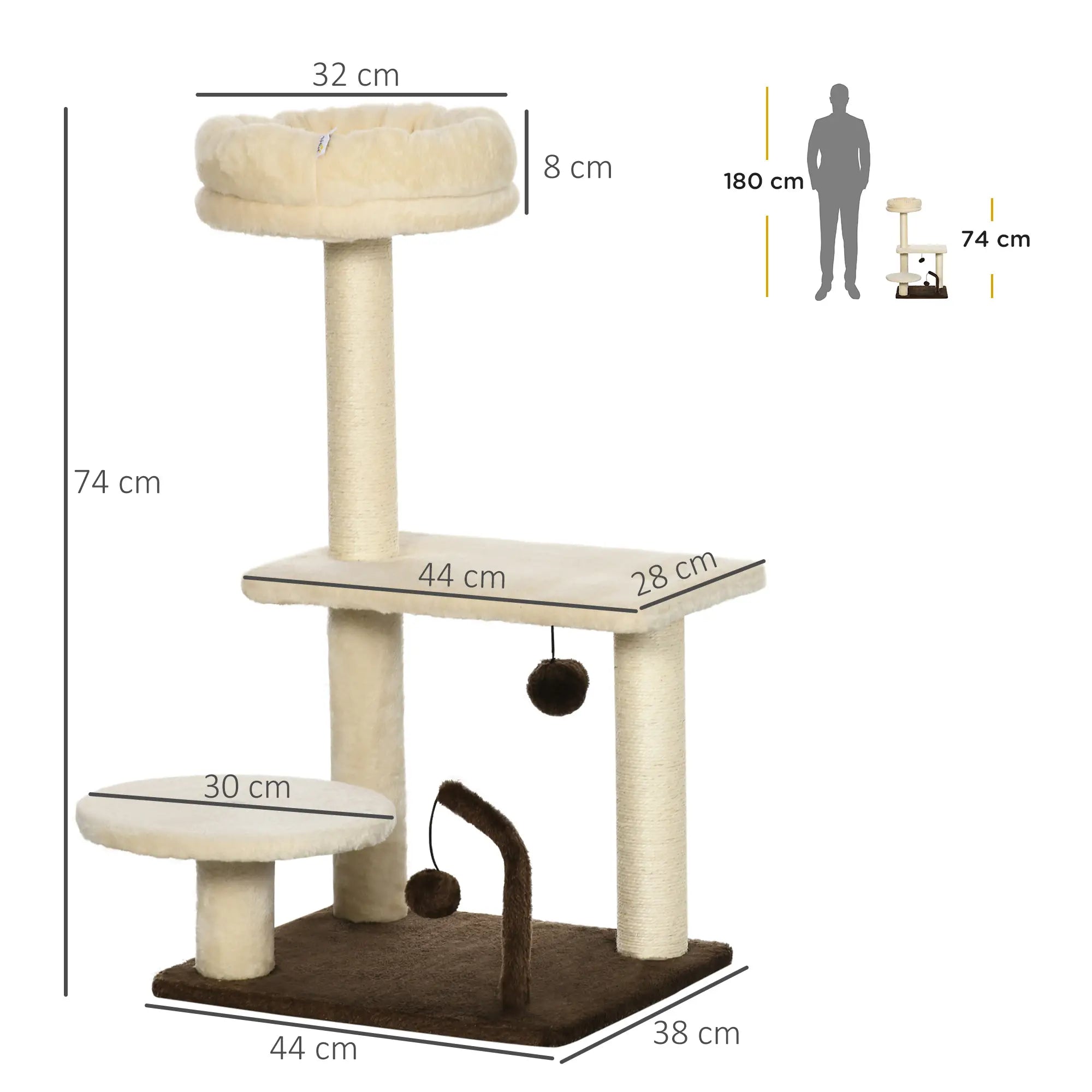 Scratching Tree with Sisal Pole, Perch and Play Balls, Chipboard and Plush, 44x38x74 cm - Borge' Group Limited