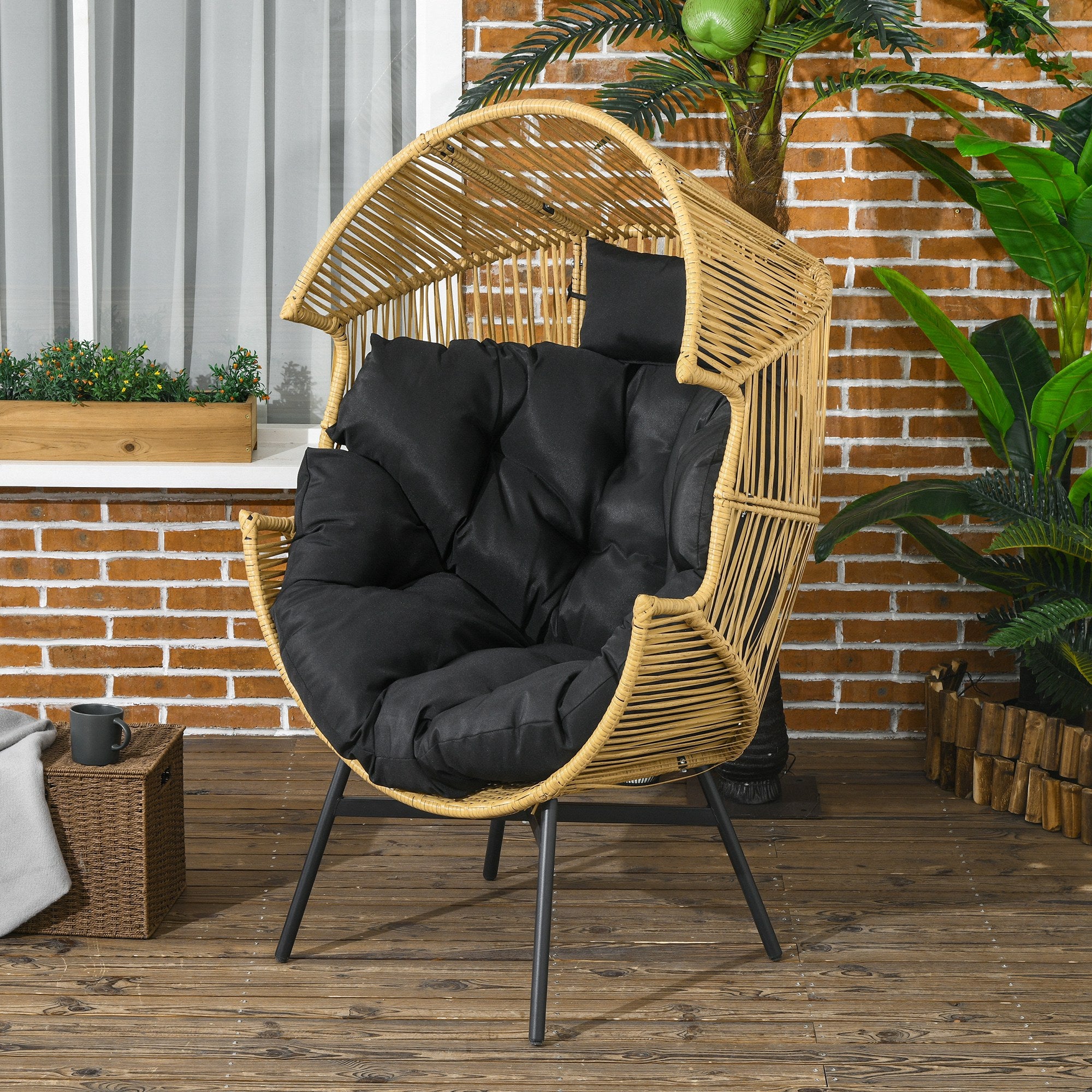 Outsunny Egg-shaped Garden Armchair with Headrest and Seat Cushions, in Rattan and Steel, 89x75x143 cm - Borgè