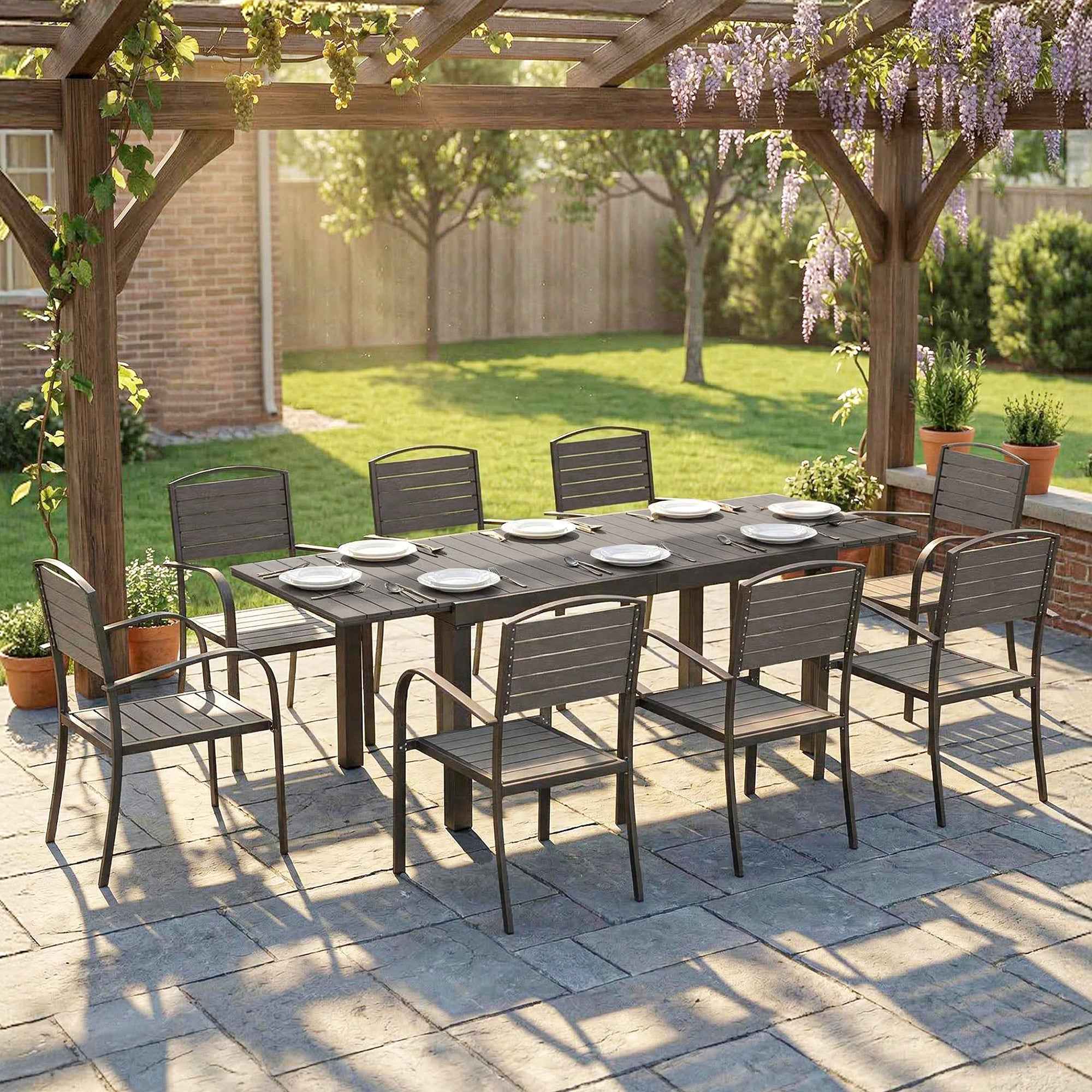 9-Piece Extendable Outdoor Dining Set, Aluminum Table, 8 Chairs, Gray