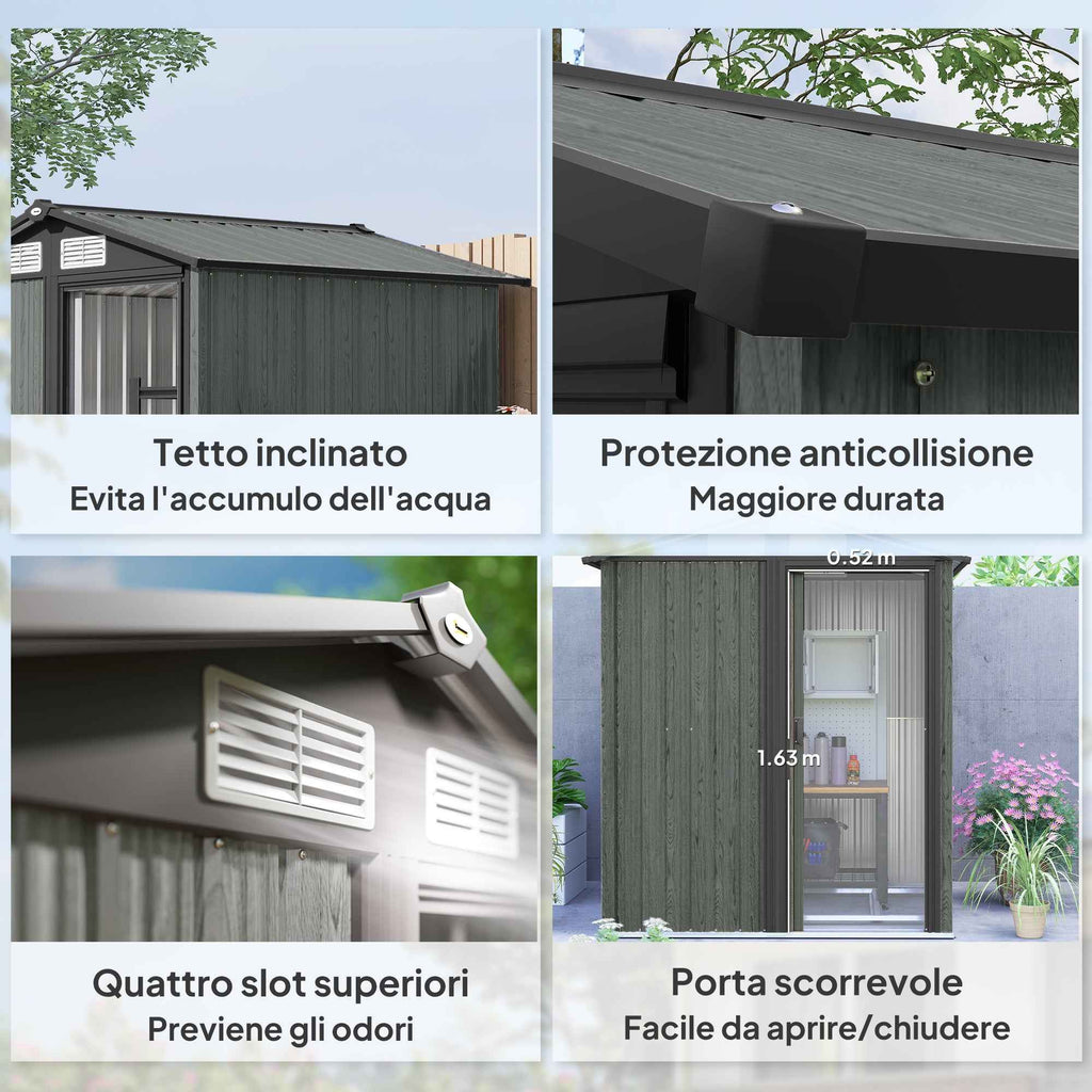Outsunny Steel Garden Shed with Sloped Roof and 4 Air Vents, 152x132x188 cm, Grey
