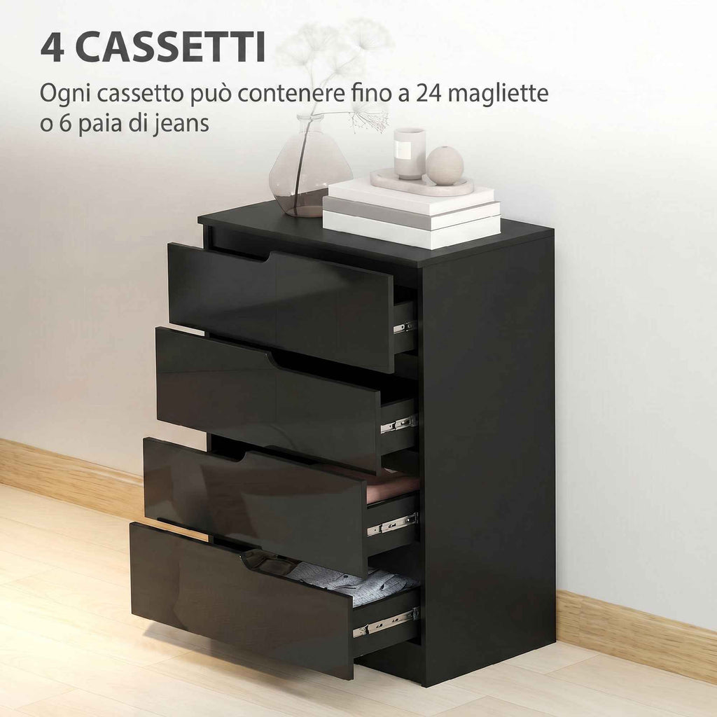 HOMCOM Modern and Minimalist 4-Drawer Wooden Chest of Drawers, 60x40x85 cm, Glossy Black