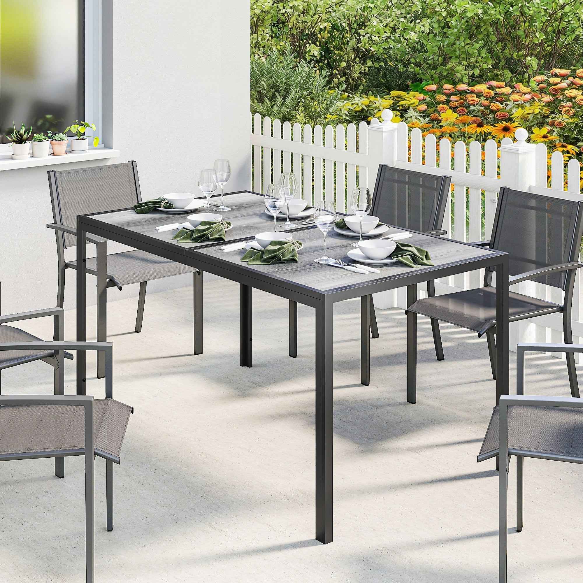 Outsunny Garden Table for 4-6 People with Wood-Effect Top, in Steel and PSPC Plastic, 150x80x74 cm, Grey and Black