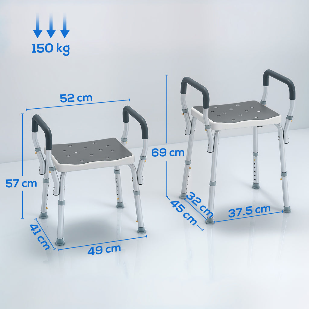 HOMCOM Adjustable Shower Stool with Armrests and Drainage Holes in Aluminum, 52x45x57-69 cm, Gray