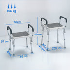HOMCOM Adjustable Shower Stool with Armrests and Drainage Holes in Aluminum, 52x45x57-69 cm, Gray