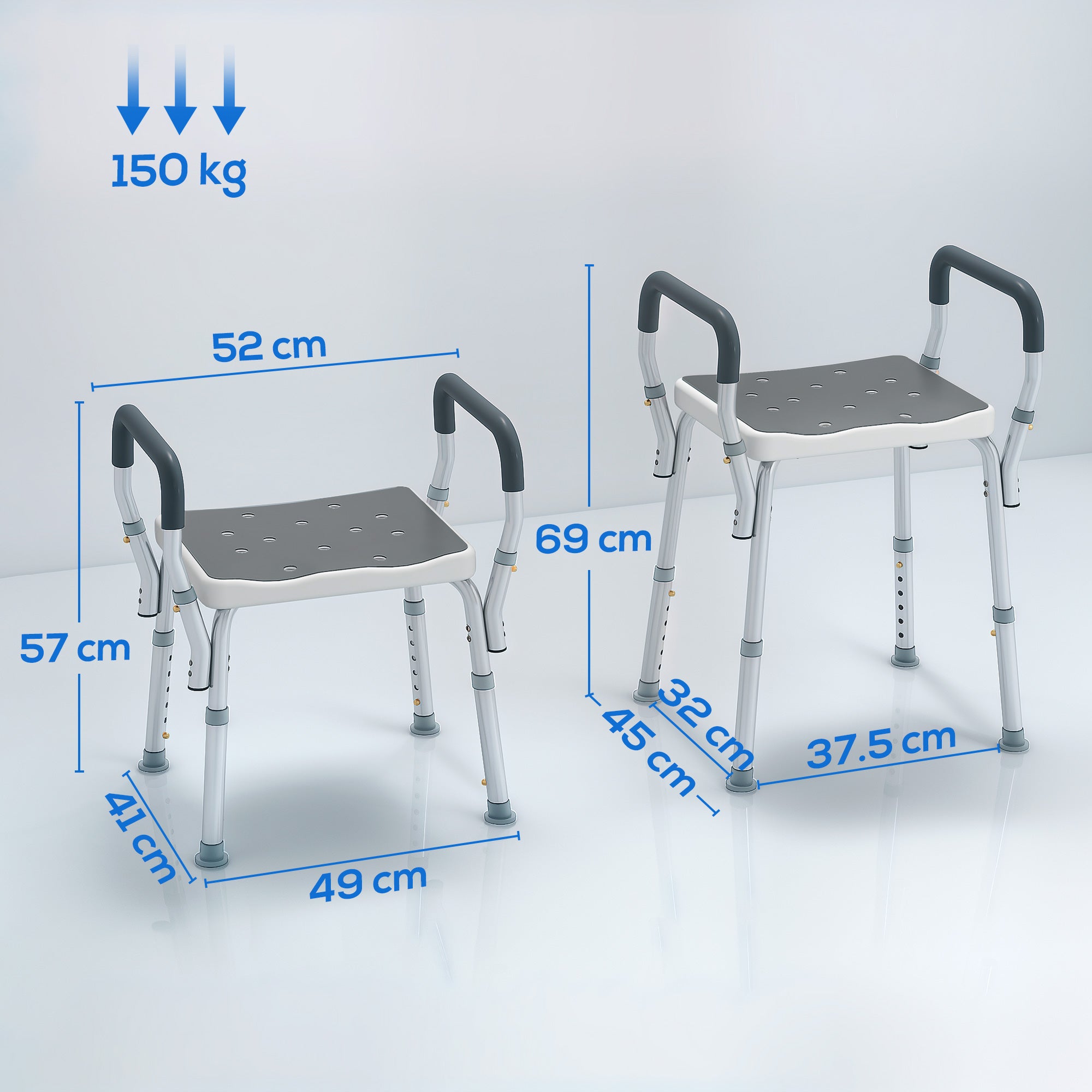 HOMCOM Adjustable Shower Stool with Armrests and Drainage Holes in Aluminum, 52x45x57-69 cm, Gray