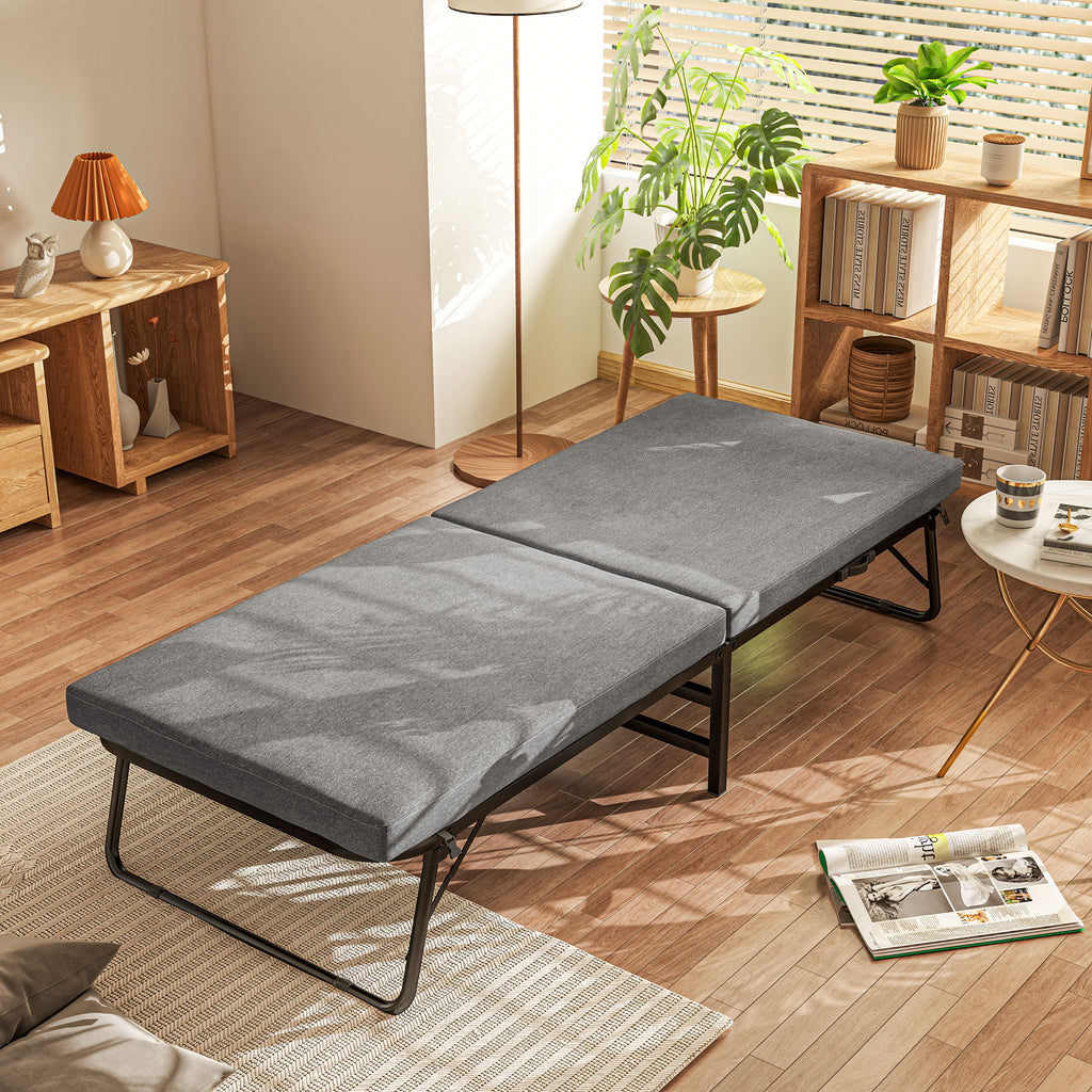 Folding Bed on 5 Levels with Mattress and 4 Casters, in Metal and Linen Effect Fabric, 180x70x38 cm, Gray