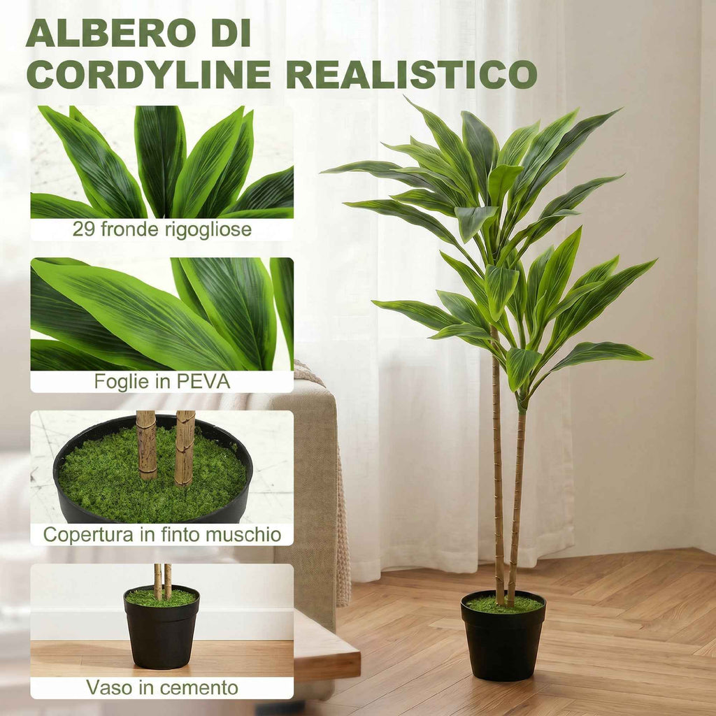 HOMCOM Artificial Cordylinea Plant with 29 PEVA Leaves, Black Pot Filled with Moss Effect Cement, Green
