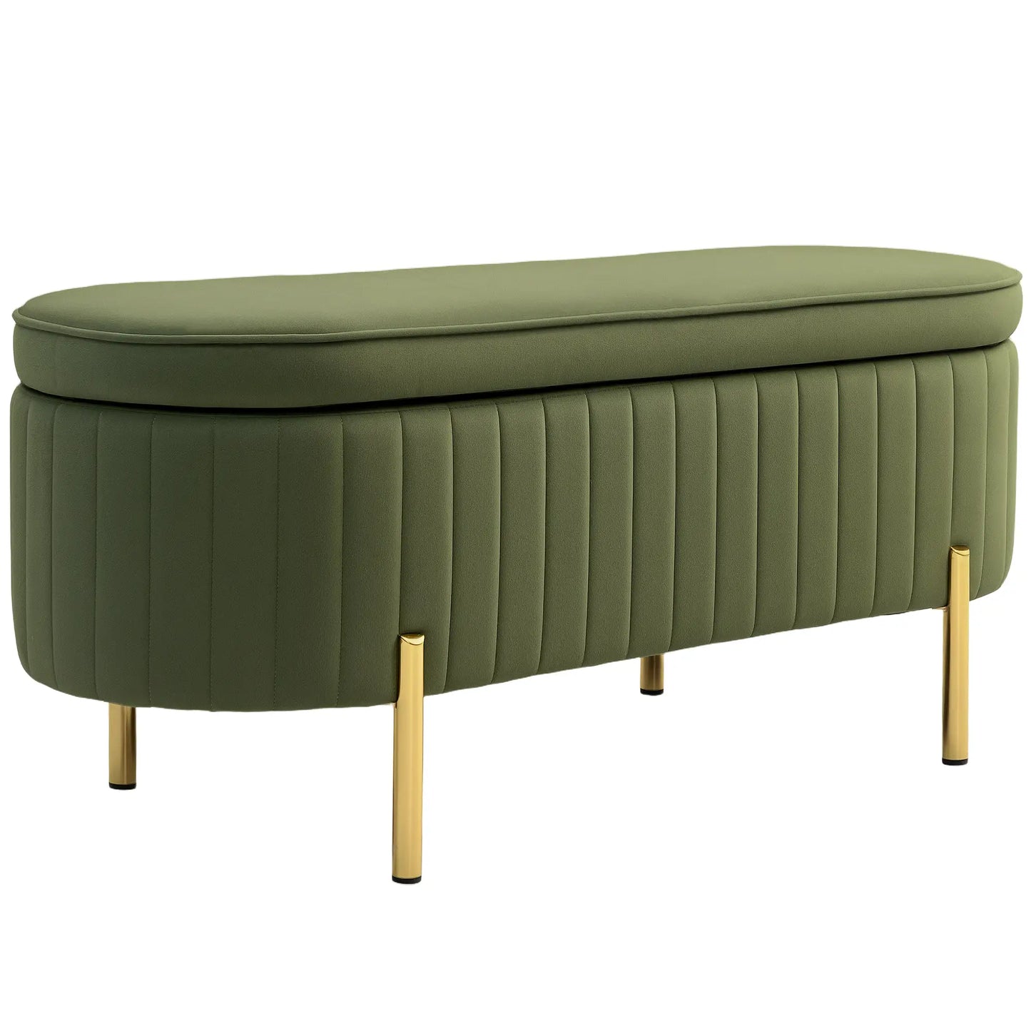 Oval Storage Bench 72L with Lift-Up Lid, Velvet and Wood Effect Fabric, 108x44x43.5 cm, Green