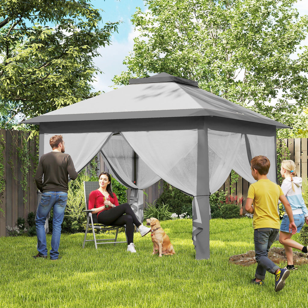 Outsunny Adjustable Height Folding Outdoor Gazebo with Mosquito Nets, 3.3 x 3.3 x 2.8 m, Grey