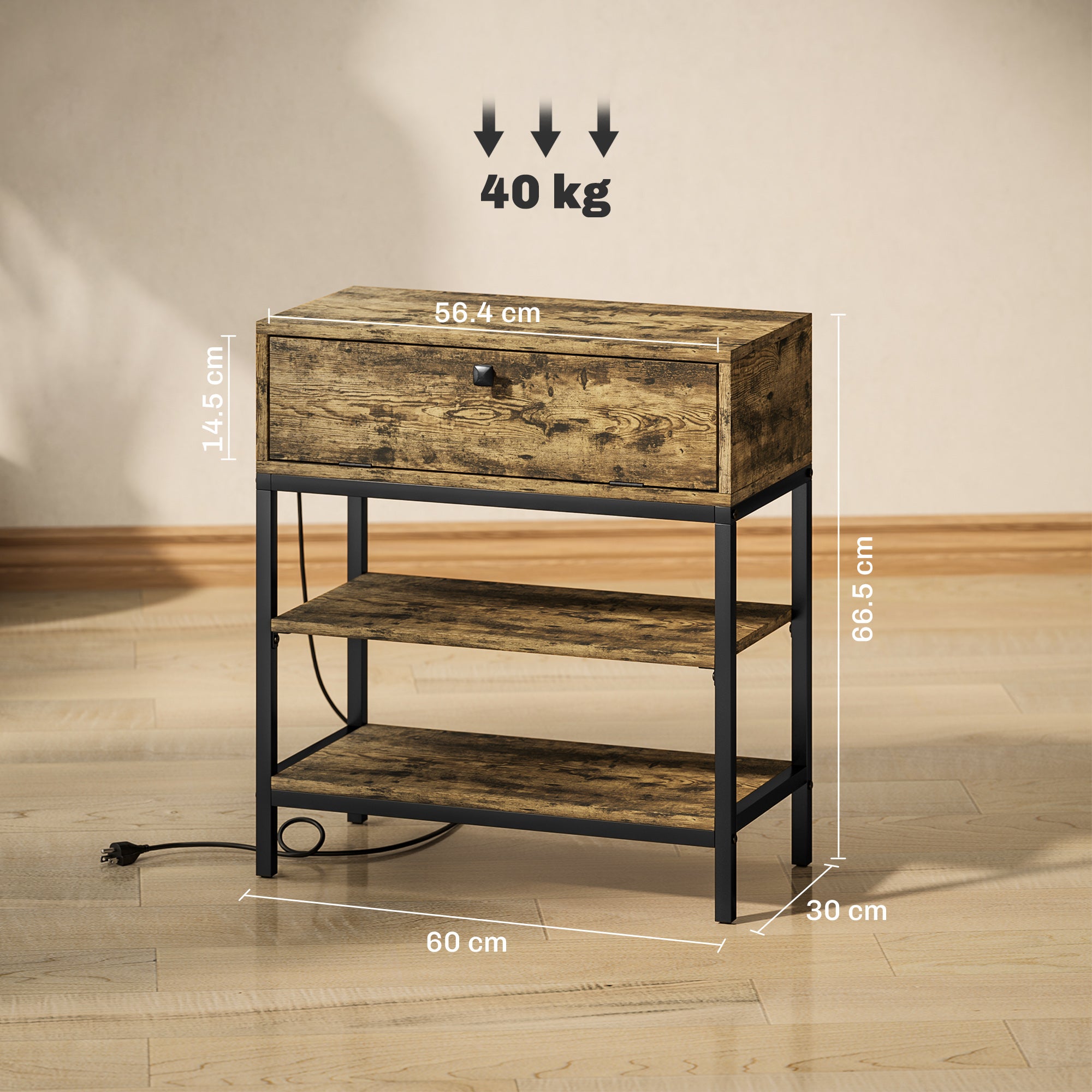 Sofa Table with Drawer and 2 Shelves Industrial Style, in Wood and Metal, 60x30x66.5 cm, Black and Brown
