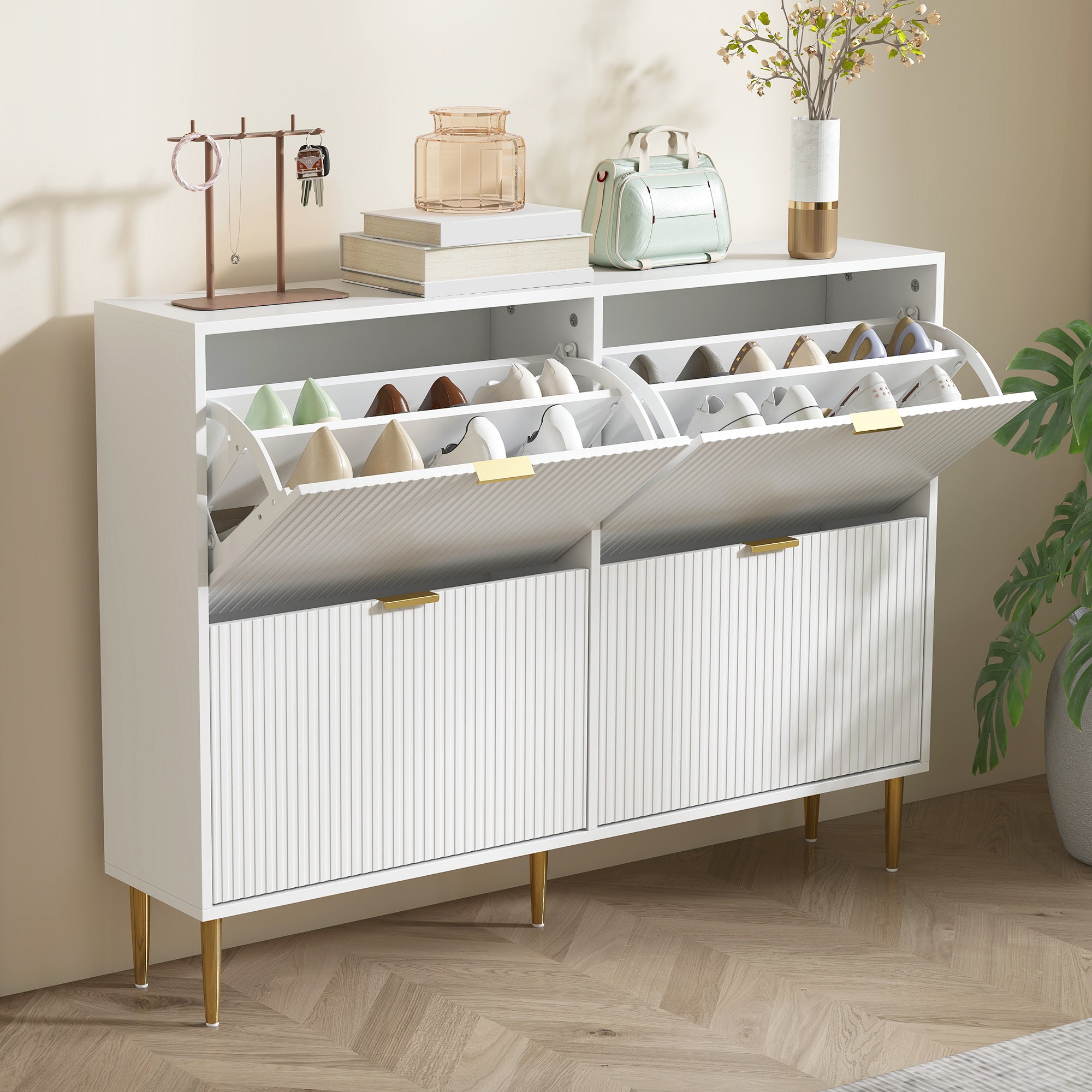 Slim Shoe Rack for 20 Pairs of Shoes with 4 Flap Drawers and Adjustable Shelves, 105x24x91.5 cm, White